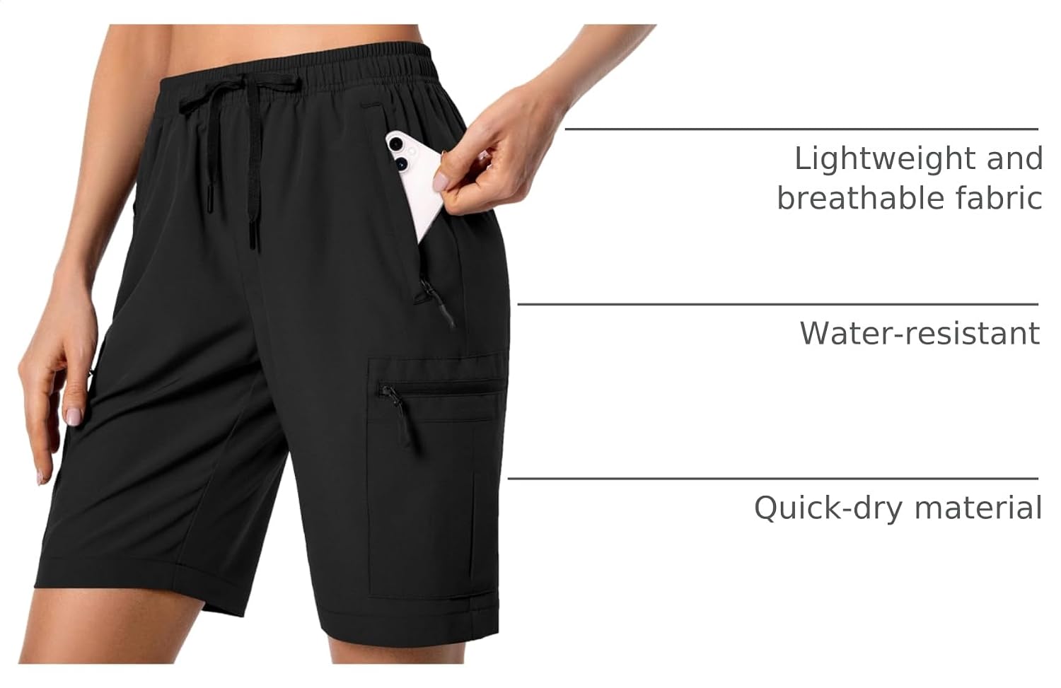 Detalle de Hugut Women's Lightweight Hiking Cargo Shorts — Quick Dry, Water Resistant with 5 Zip Pockets