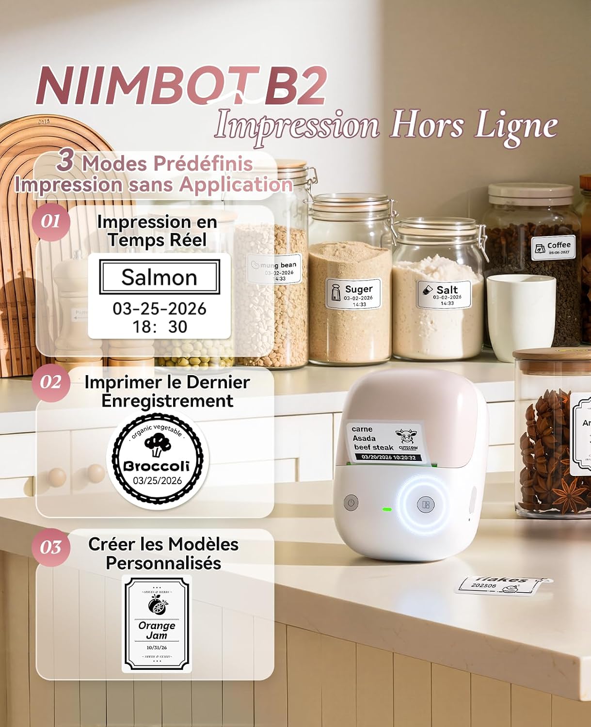 Detalle 2 de NIIMBOT B2 Étiqueteuse Portable – Impression hors ligne, sans encre, avec rouleau 50x30 mm (Beige Abricot)