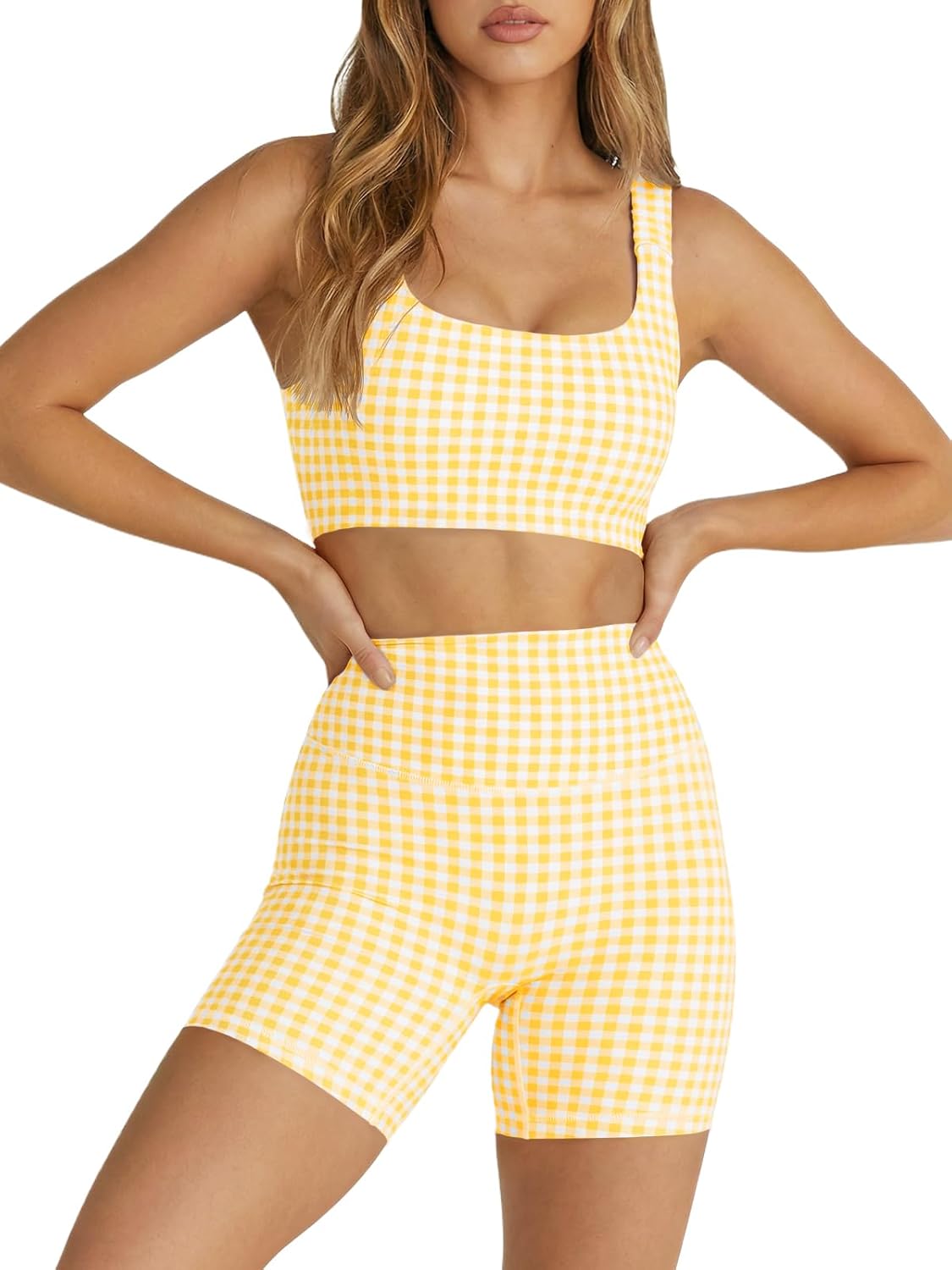 Detalle de Aoysky Womens Workout Gingham 2 Piece Outfits with Padded Open Back Crop Top and High Waist Shorts