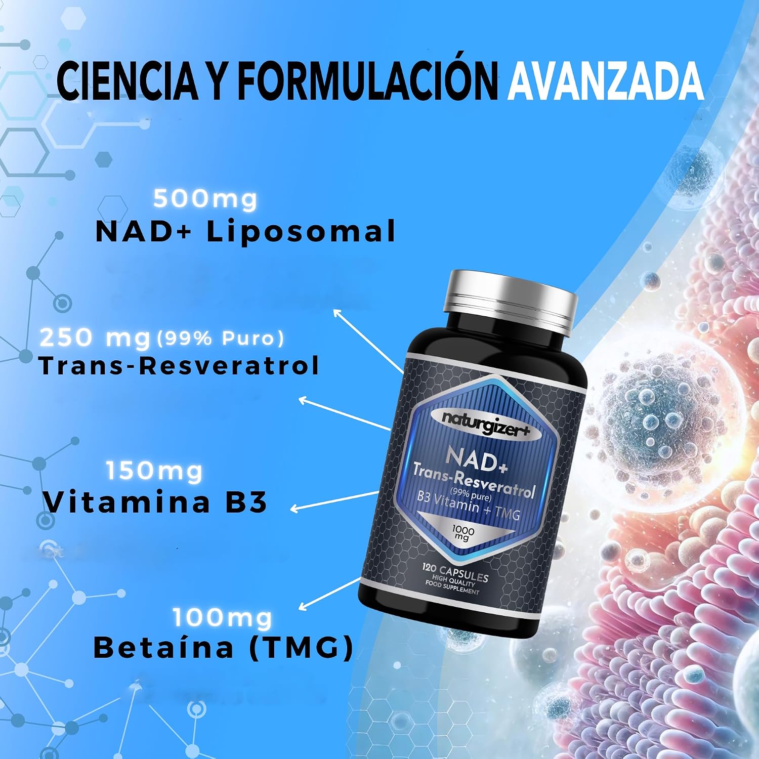 Thumbnail 4 de Naturgizer+ Advanced Complex 4+1 con NAD+ y trans-resveratrol (120 cápsulas) en tecnología liposomal