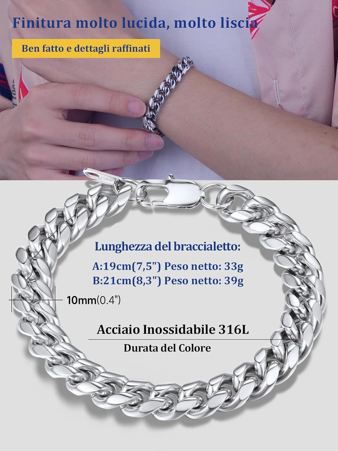 Thumbnail 3 de PROSTEEL Bracciale da uomo in acciaio inox placcato oro con catena a maglie e doppio anello (lunghezze 16/19/21 cm)