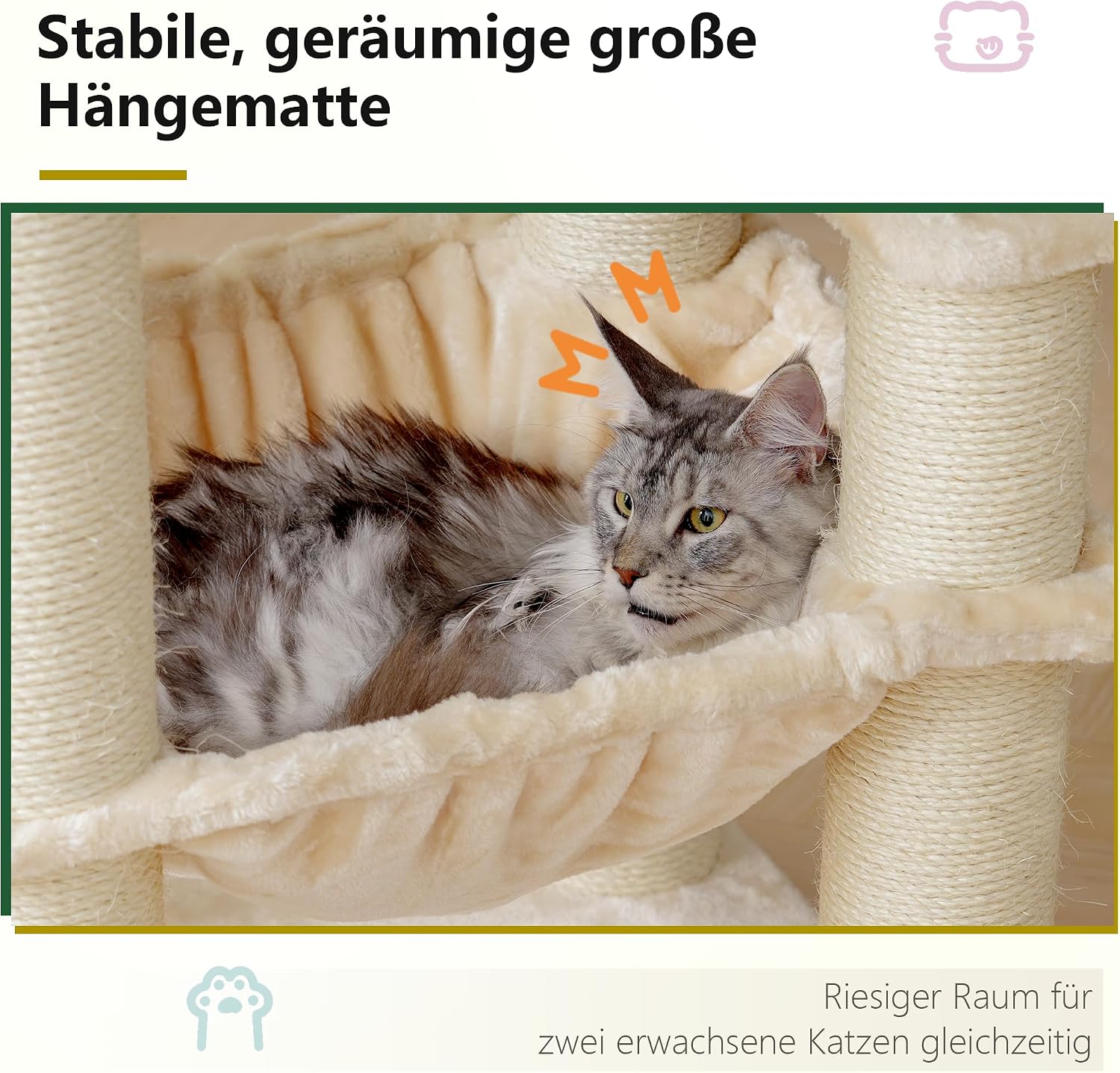 Detalle de Hey-brother XXL Kratzbaum für Maine Coon, 168 cm – XXL-Hängematte, 11 cm Sisalpfosten, beige