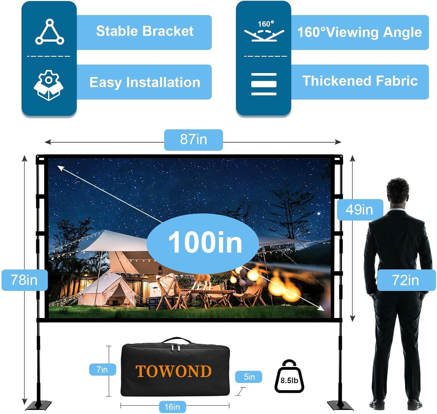 Thumbnail 2 de TOWOND Projector Screen and Stand (100-inch, 16:9) portable front/rear projection setup