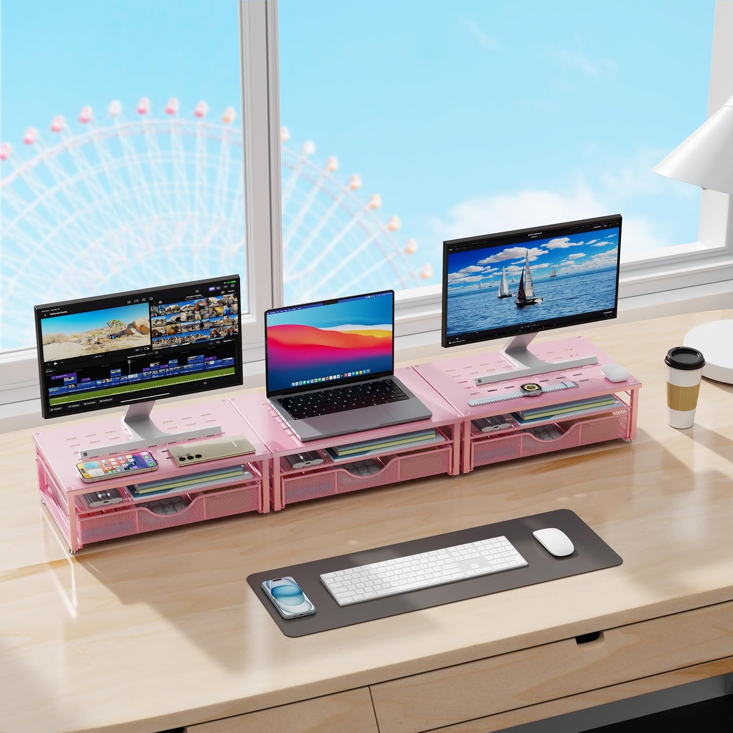 Thumbnail 4 de Pygocereri Monitor Stand Riser with Drawer (Pink) – Desk Organiser & Ventilated Steel, for Monitors, Laptops and Printers