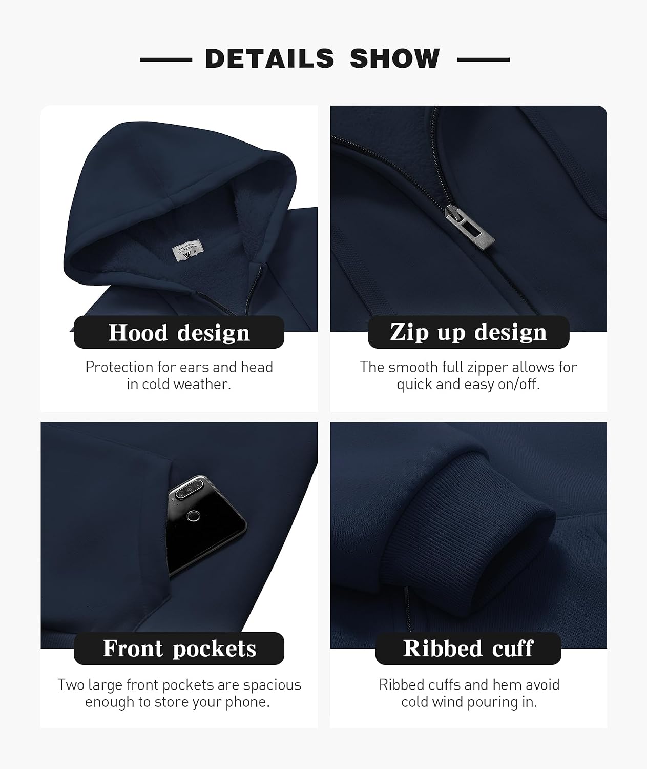 Detalle de ZITY Men's Zip-Up Hoodie, Sherpa-Lined