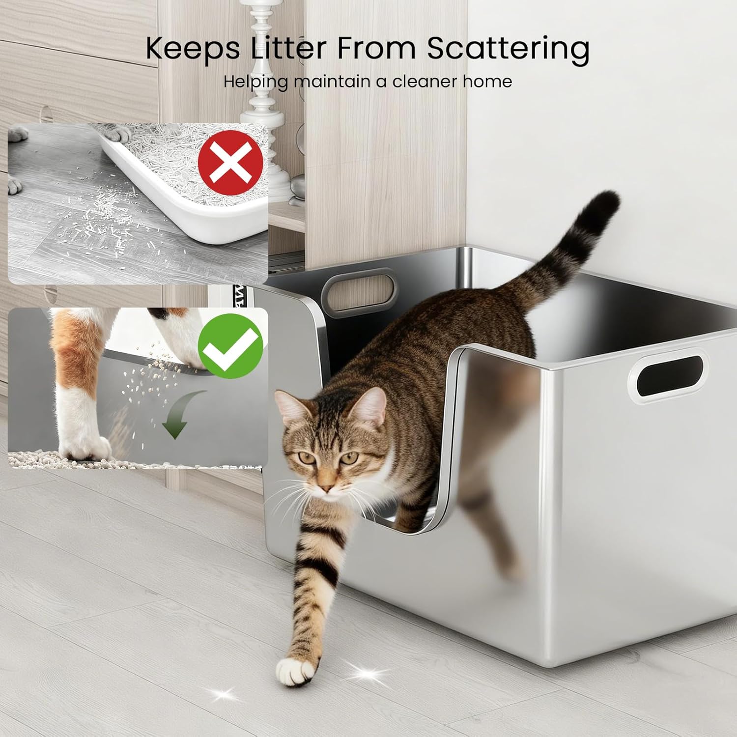 Thumbnail 4 de PTLOM Edelstahl-Katzentoilette XXXL mit niedriger Einstiegskante, 35 cm hohen Rändern (58×38×35 cm) – auslaufsicher & leicht zu reinigen