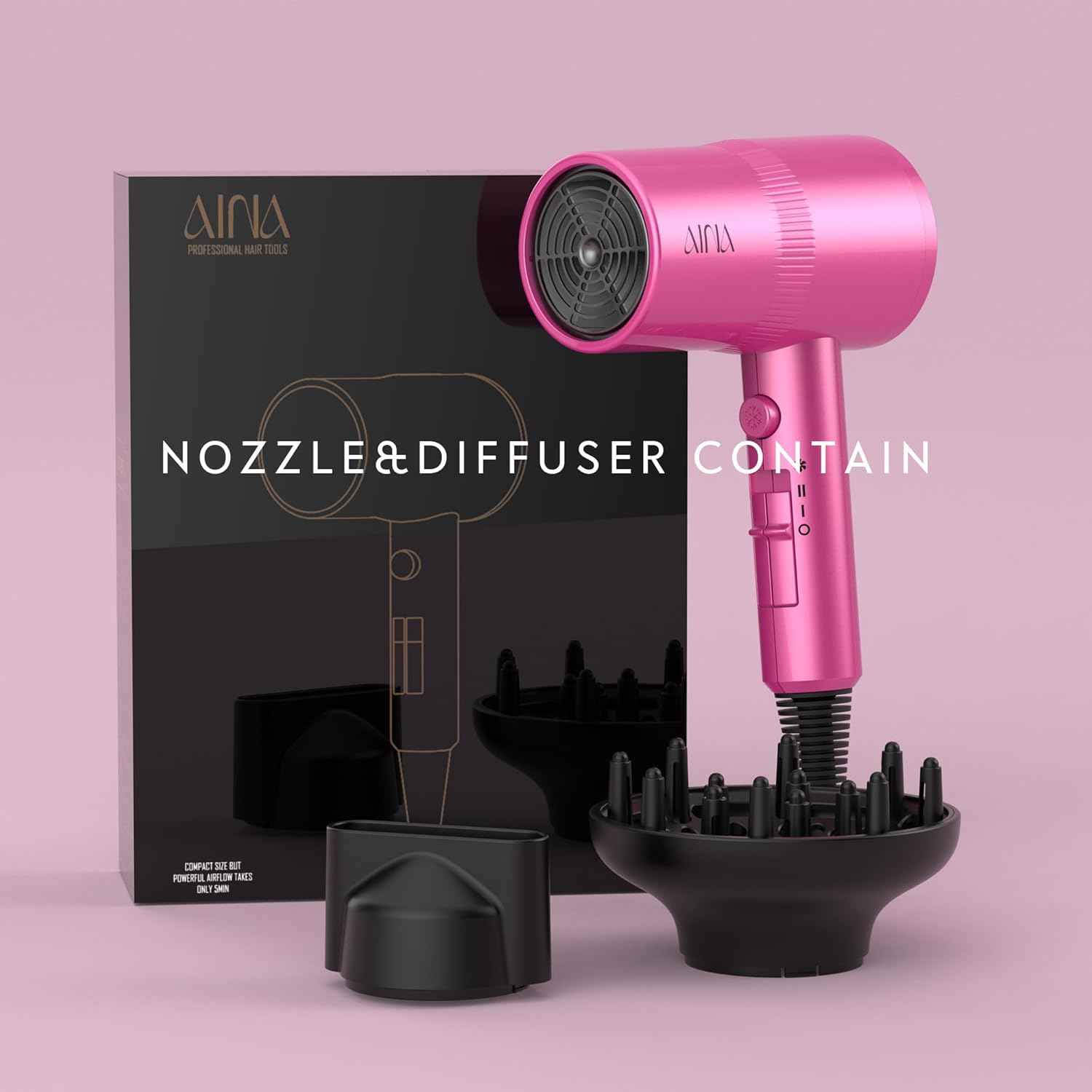 Thumbnail 4 de AINA Hair Dryer with Diffuser (110V) – Ionic Ceramic Blow Dryer in Neon Pink with Cold Shot & Turbo Heat