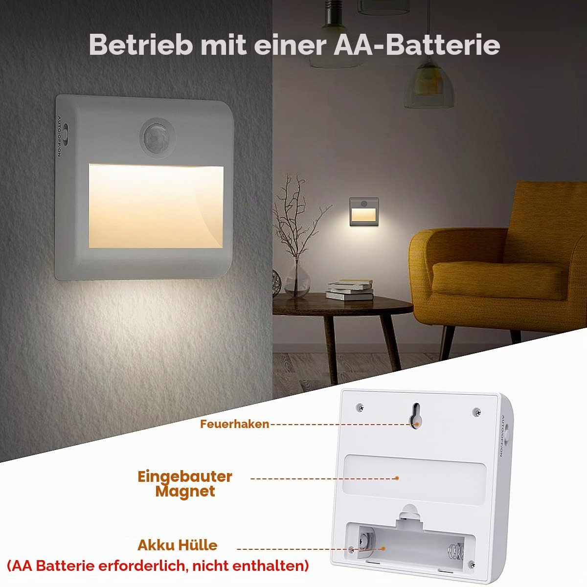 Thumbnail 2 de Batteriebetriebenes Nachtlicht mit Bewegungsmelder (2er-Set) – 3 Modi AUTO/AUS/EIN, natürliches Weiß