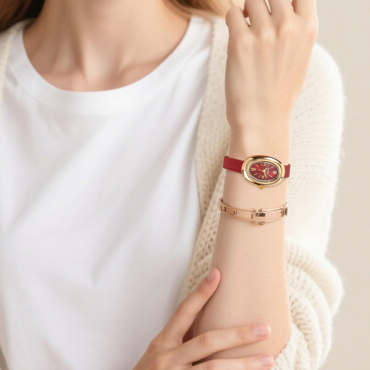 Thumbnail 1 de JSDDE Damen-Armbanduhr mit Lederarmband, ovalem Gehäuse und Quarzwerk