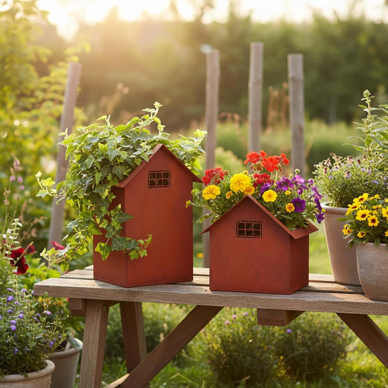 Detalle de Relaxdays dekorationshus i stål, 2-pack med rostfinish för blommor och ljus