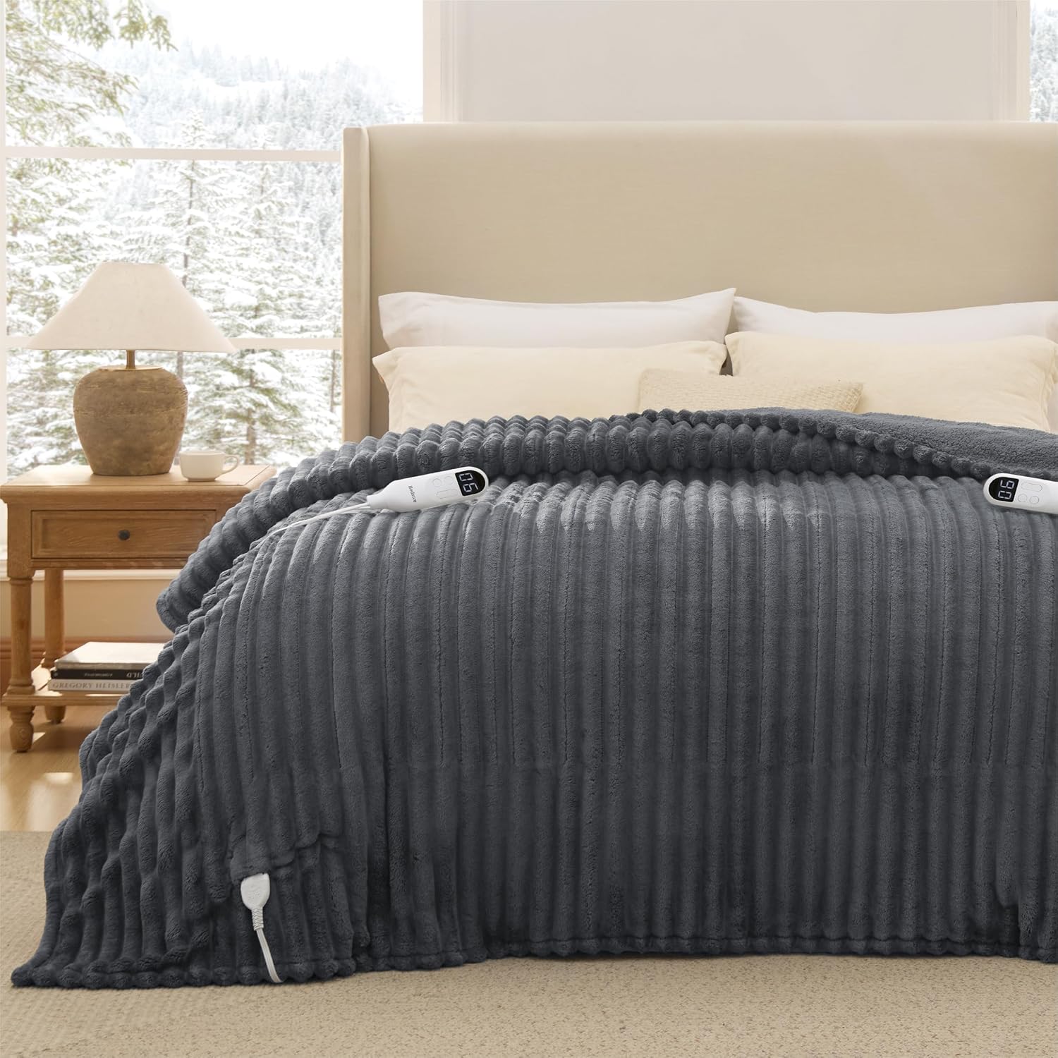 Detalle de Bedsure Thick Electric Blanket, King Size 90" x 100", Dual Controls, Gray