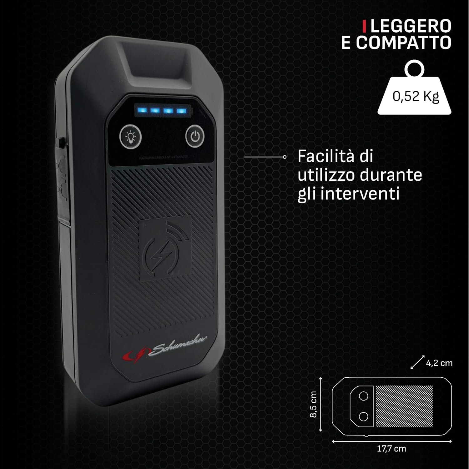 Detalle de Schumacher Compact SBX505: Avviatore Auto 1500A 12V con Booster Li‑Ion e Morsetti Sicuri