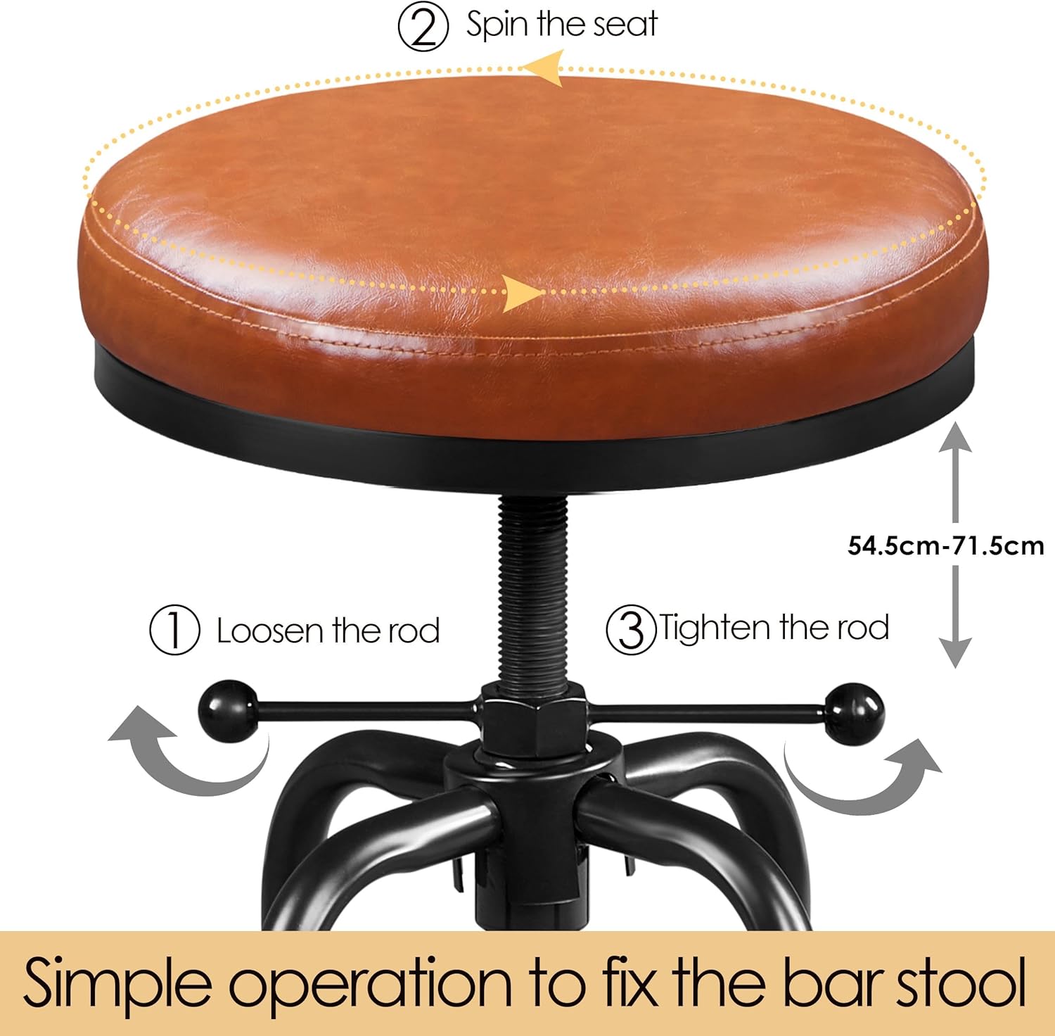 Detalle 2 de Yaheetech industrial height adjustable barstool with faux leather seat (54.5–71.5 cm)