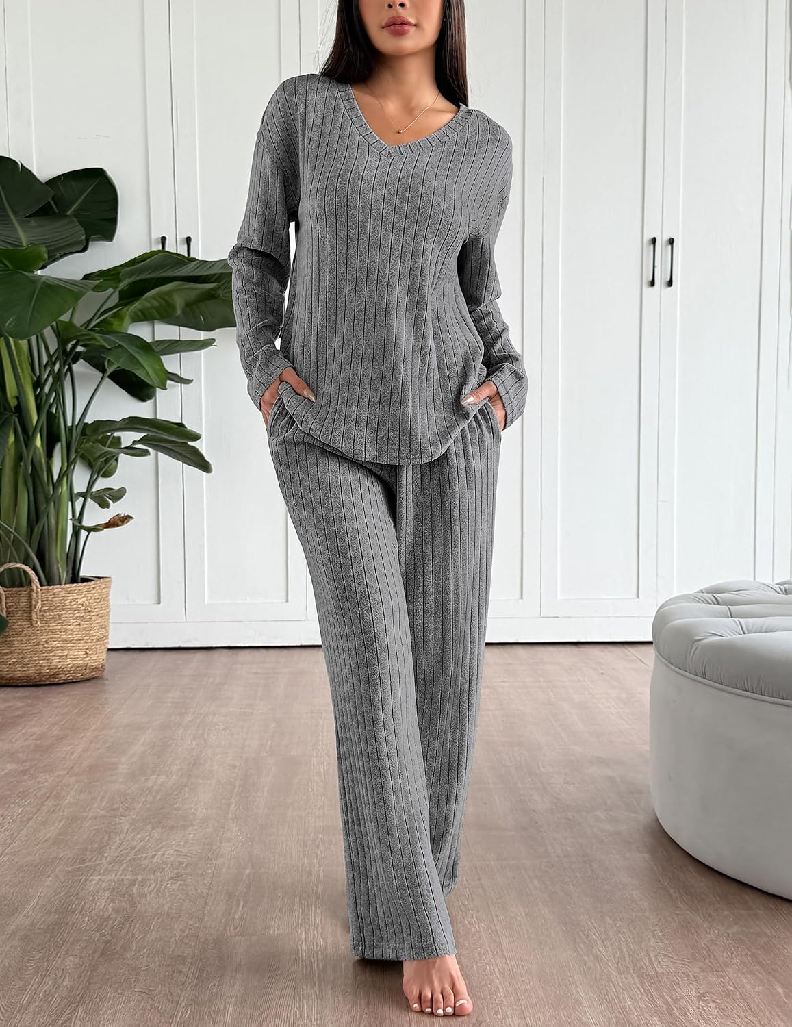Detalle de Ekouaer Ensemble Pyjama Femme Hiver Chaud en Maille Côtelée - Lounge Set 2 pièces
