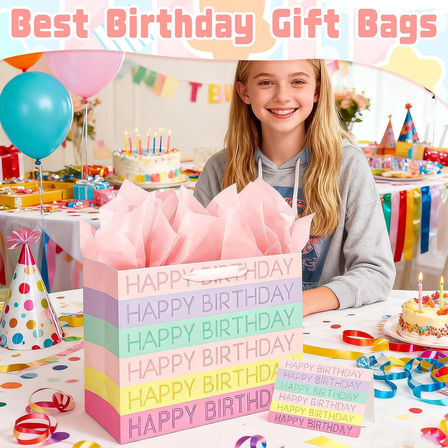 Thumbnail 3 de 2pc Happy Birthday gift bags (pink) with tissue paper and greeting cards