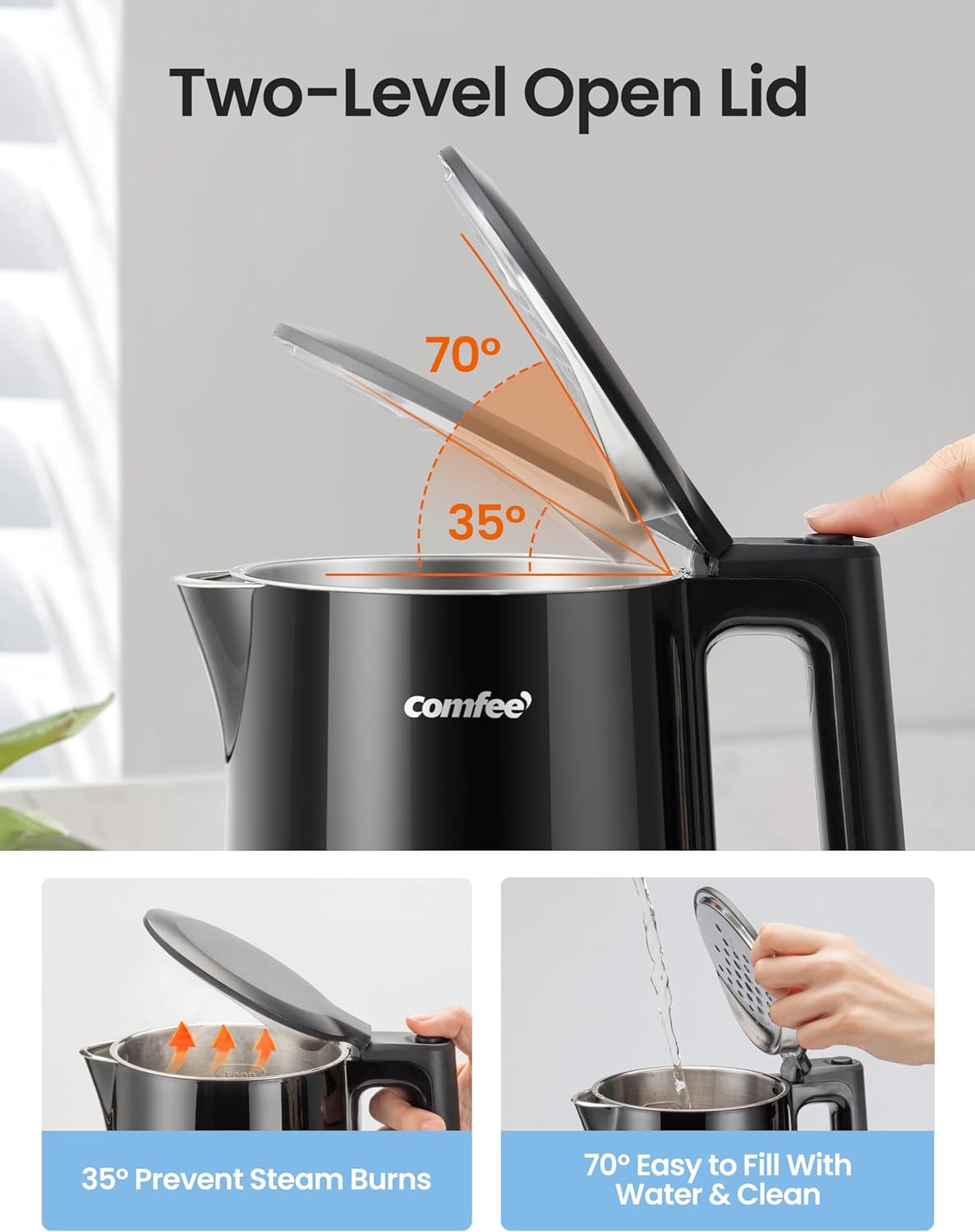 Thumbnail 4 de COMFEE' 1.7L Double-Wall Electric Tea Kettle (Stainless Steel Interior) with Auto-Off & Boil-Dry Protection, 1500W