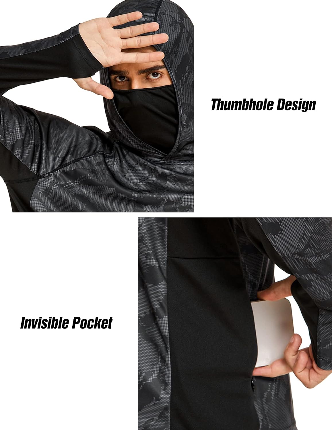 Detalle de COOrun Men's Hooded Sun Shirt with Mask — UPF 50+ Rash Guard for Outdoor Comfort