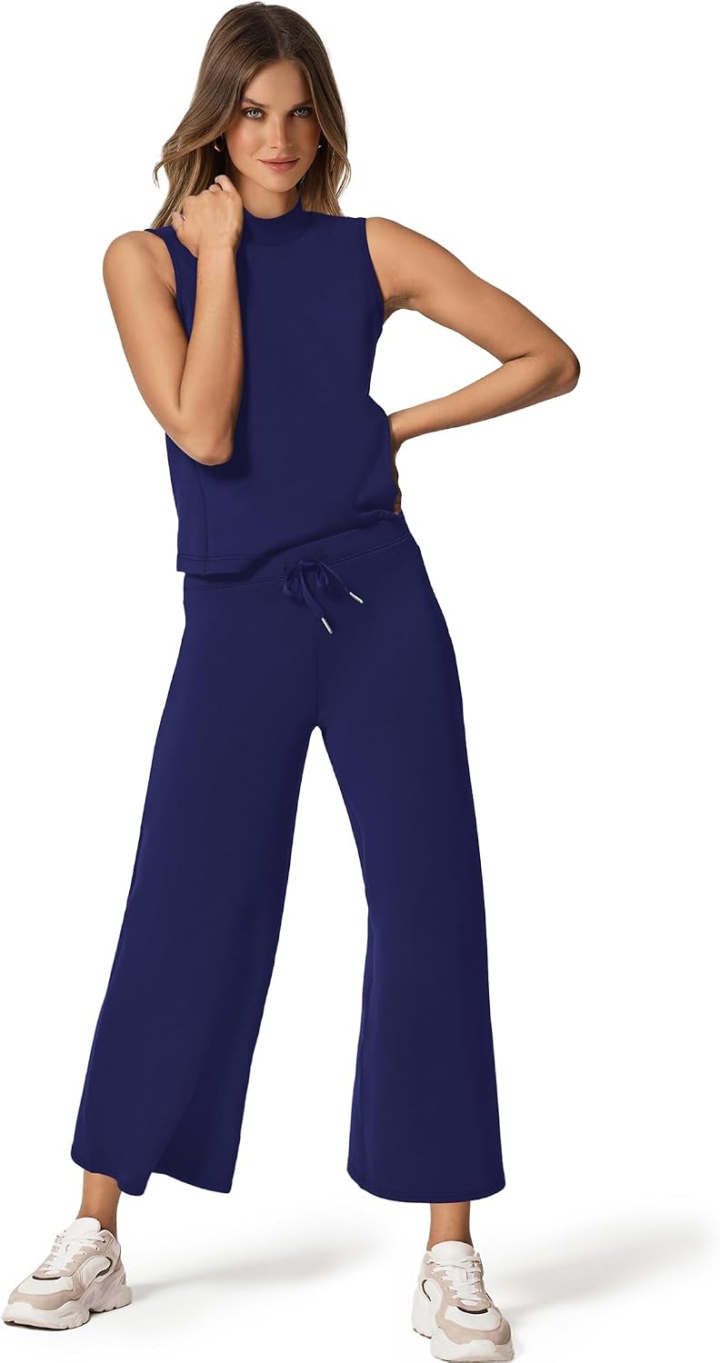 Detalle 2 de SAMPEEL Two-Piece Summer Lounge Set for Women: Mock Neck Crop Top & Wide-Leg Pants