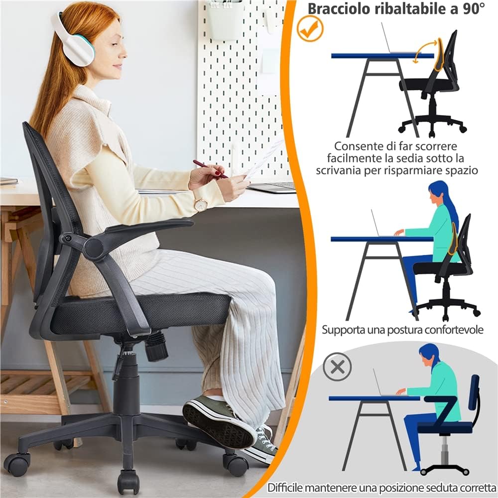 Thumbnail 6 de Yaheetech Sedia da ufficio ergonomica con supporto lombare e braccioli regolabili, schienale in rete traspirante (portata 136 kg) nera
