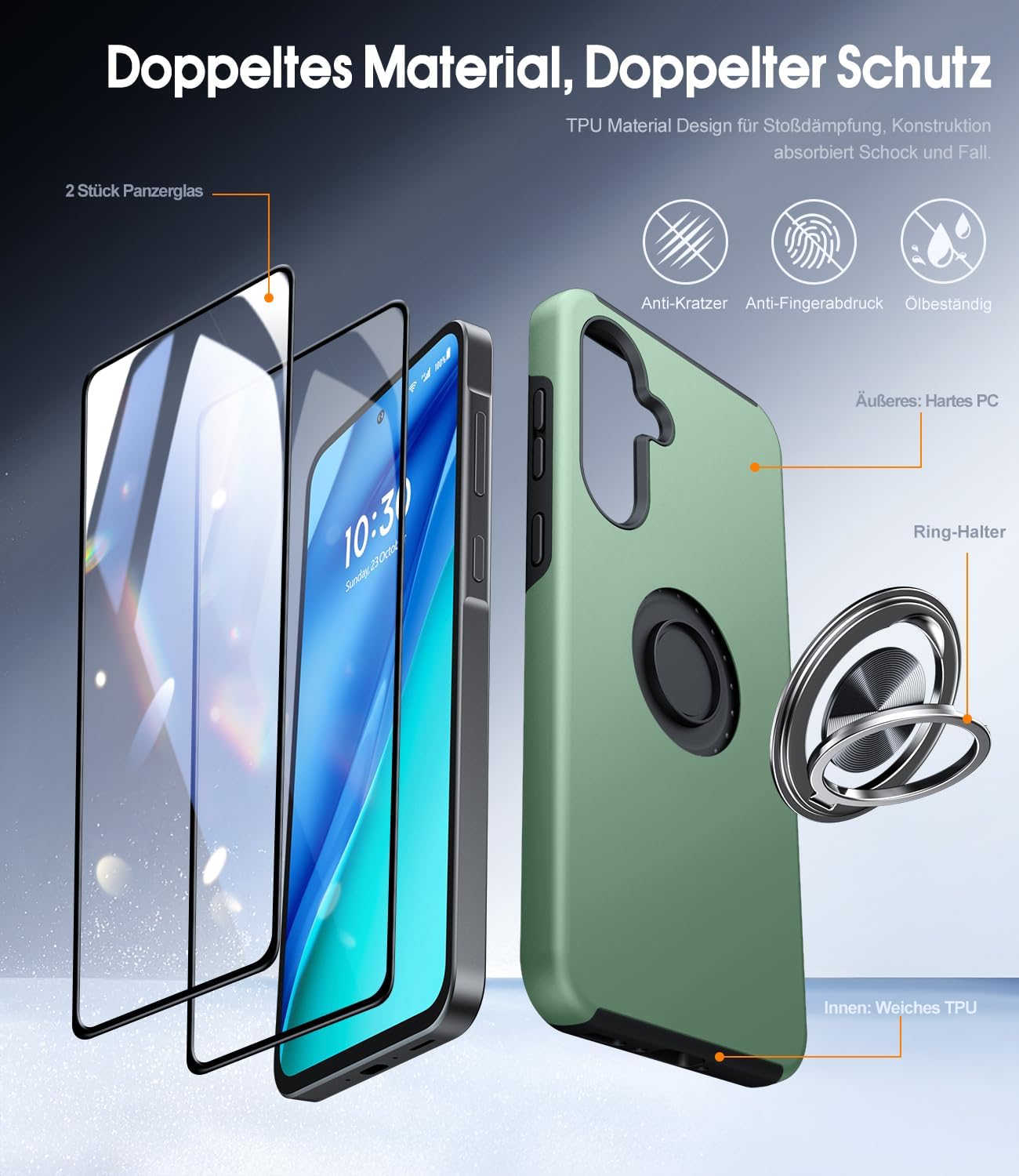 Thumbnail 6 de AOUIA Hülle Galaxy A56 5G – 2er Panzerglass, Militärschutz, 360° Ring