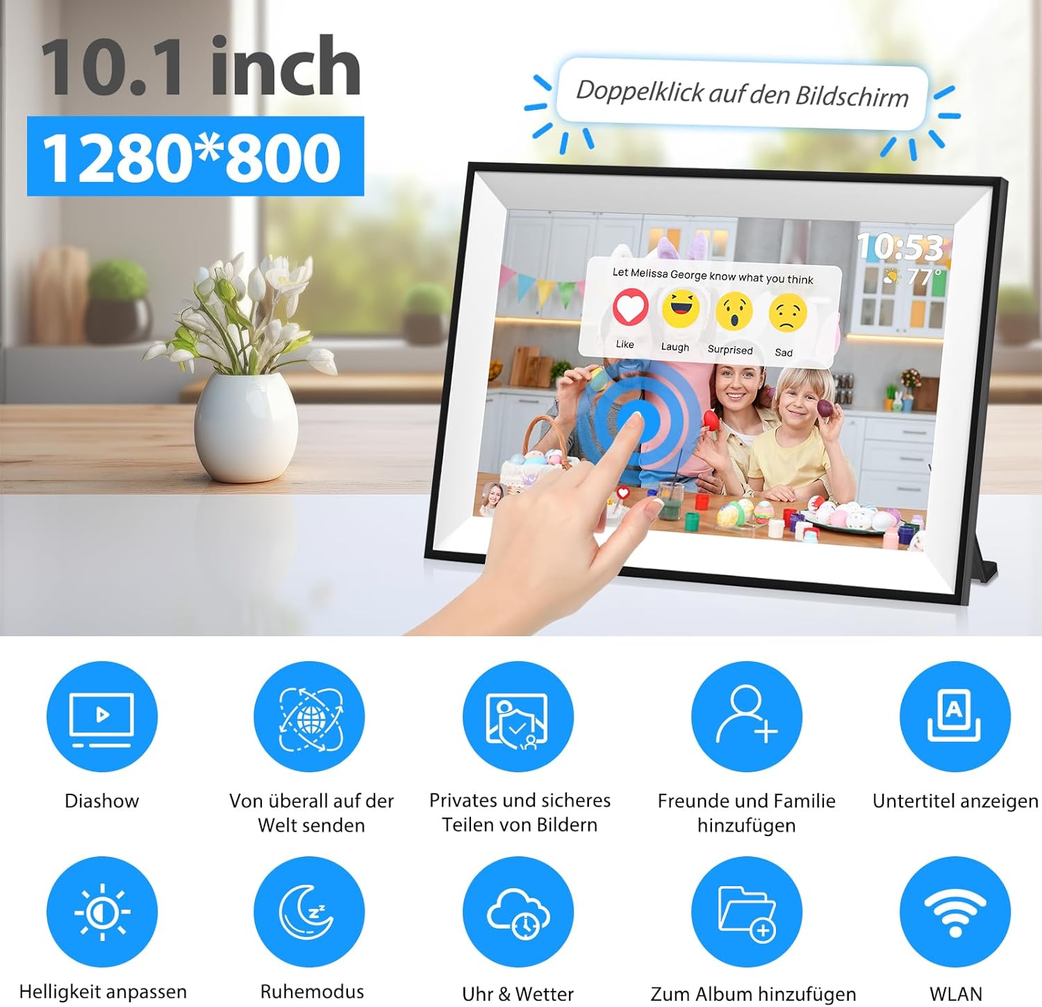 Detalle 2 de Frameo Digitaler Bilderrahmen WLAN 10,1 Zoll – 32 GB, 1280x800 IPS Touchscreen, automatische Drehung, Wandmontage, App-Sharing