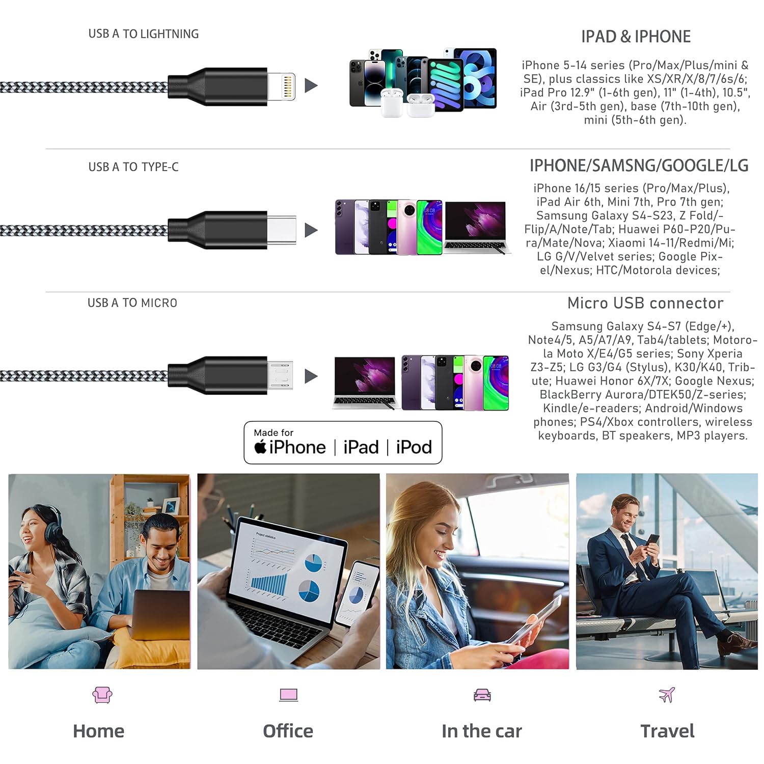 Thumbnail 1 de AICHUA 3 in 1 multi charging cable 10ft