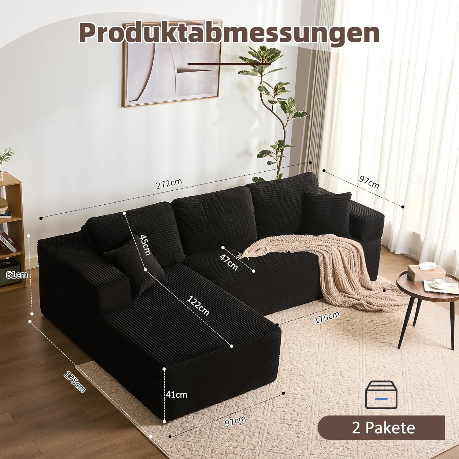 Detalle de Litbird modulares L-förmiges Ecksofa mit Schlaffunktion und Chaiselongue links – rahmenloses Schlafsofa, schwarz