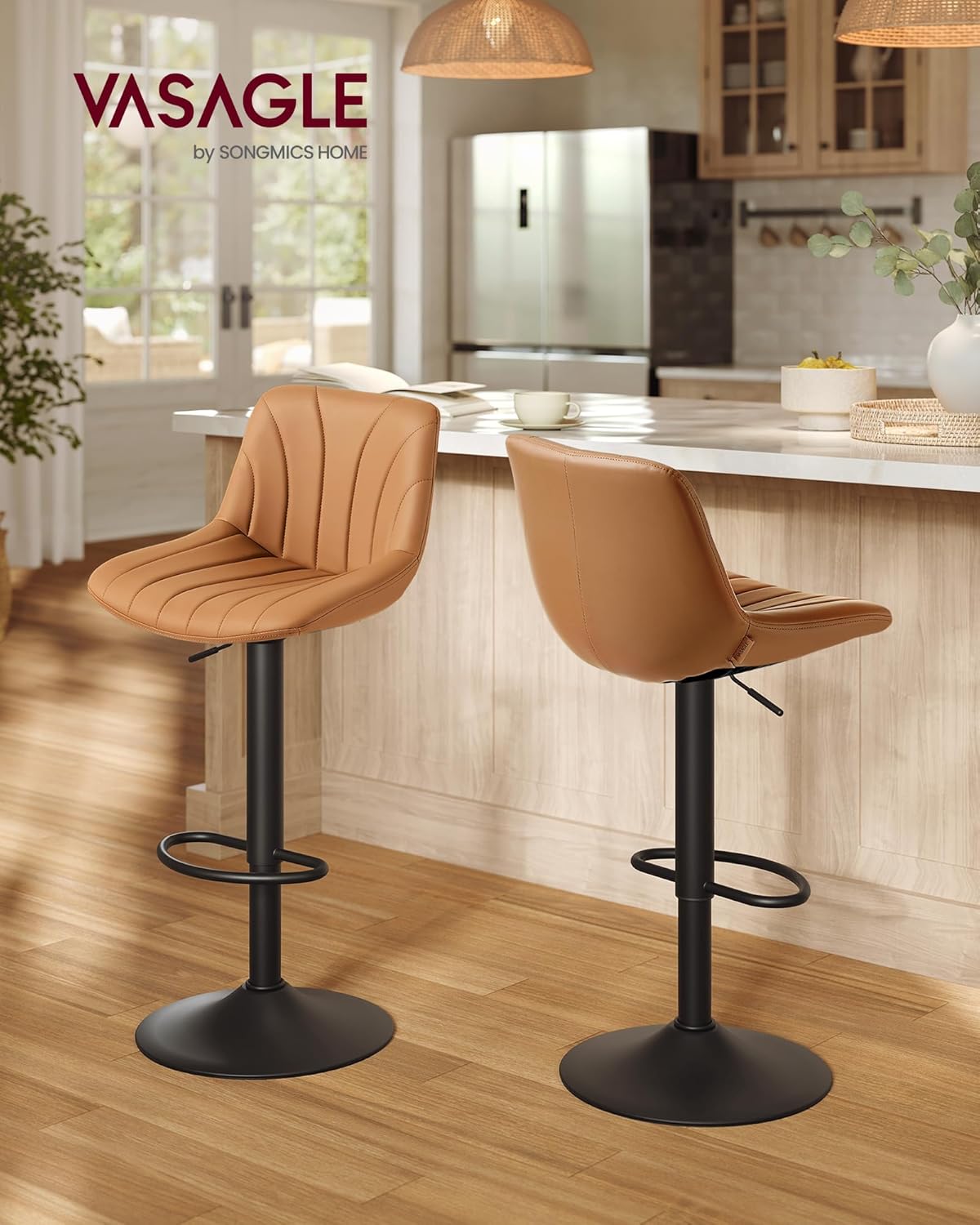 Thumbnail 2 de VASAGLE lot de 2 tabourets de bar avec dossier PU, hauteur réglable 60–80 cm et rotation 360° (LJB181KN01) marron caramel