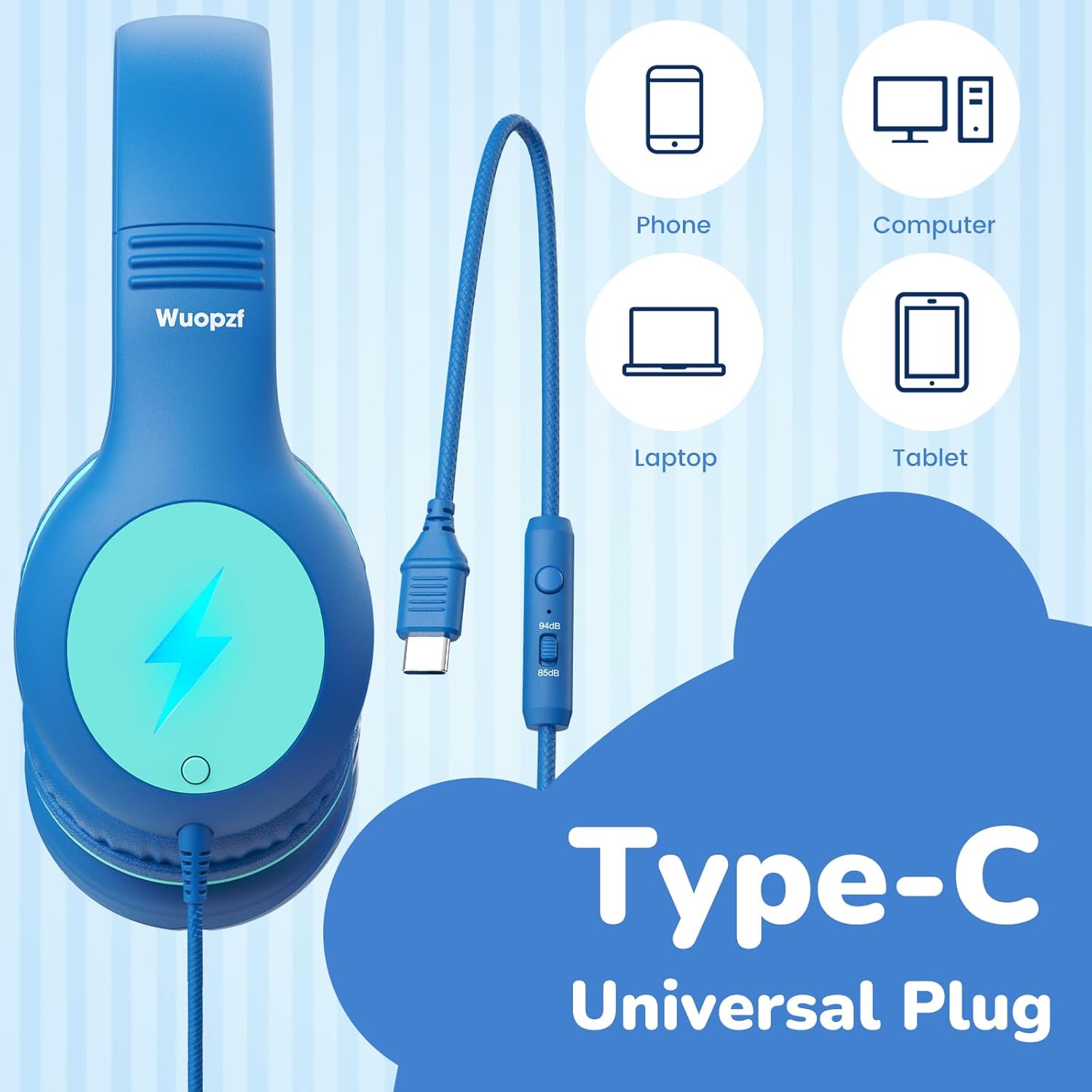 Thumbnail 3 de Wuopzf Kids USB-C Headphones for School (LED Lights, Volume Limiter & Microphone) — Wired Over-Ear
