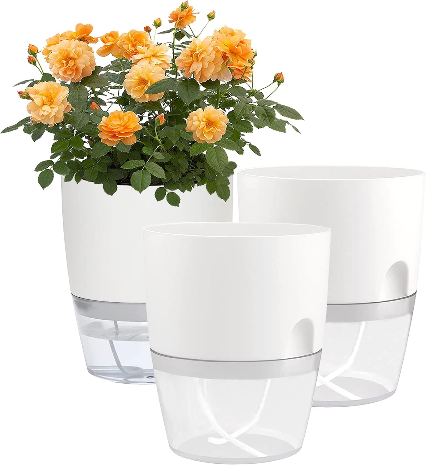 Detalle de Smanettew Self-Watering Planters, 3-Pack 6-Inch White Pots with Reservoir