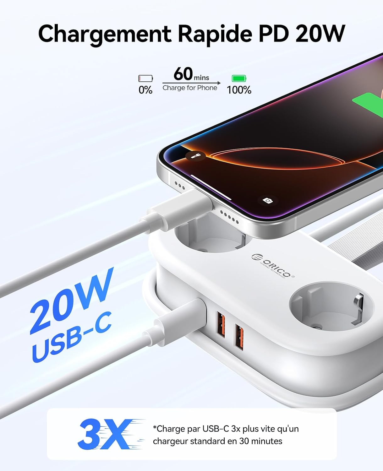 Thumbnail 2 de ORICO AP3 Multiprise Voyage 2 Prises USB-C 20W PD