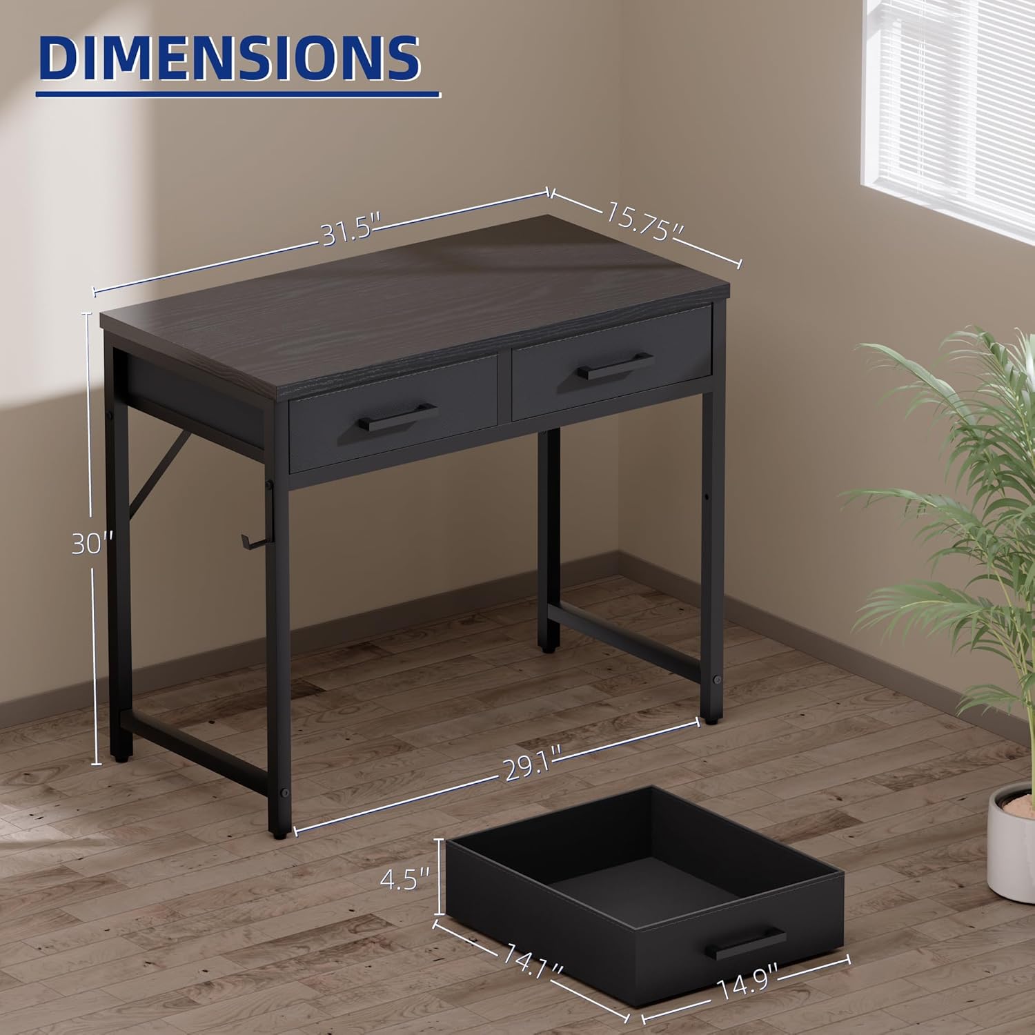 Detalle de Pamray 32 Inch Small Computer Desk with 2 Drawers — Compact, sturdy, and versatile for small spaces