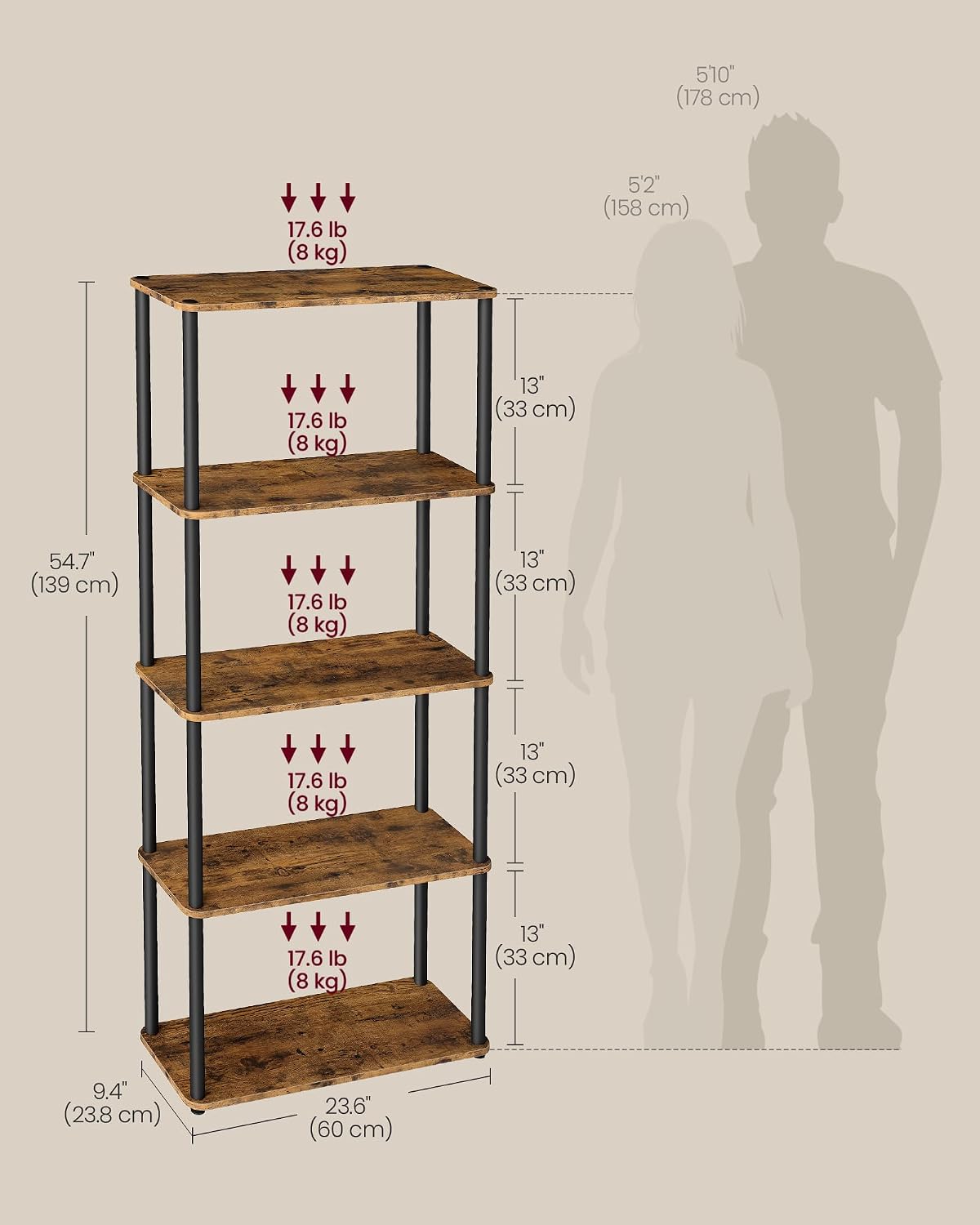 Detalle de VASAGLE LLS165K01 5-Tier Shelf, Tool-Free Assembly, Vintage Brown and Black