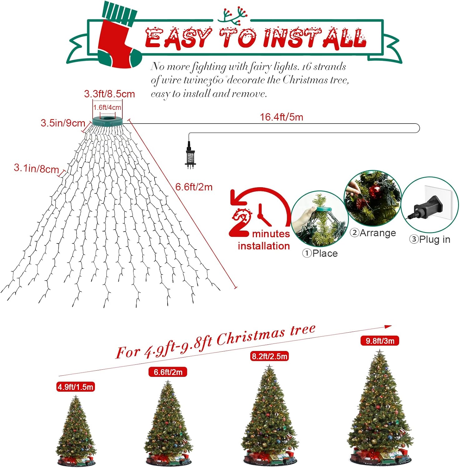 Detalle 2 de cshare Christmas Tree Lights (2m, 400 LEDs) – mains powered fairy lights with 8 modes, memory & timer (warm white, IP44)