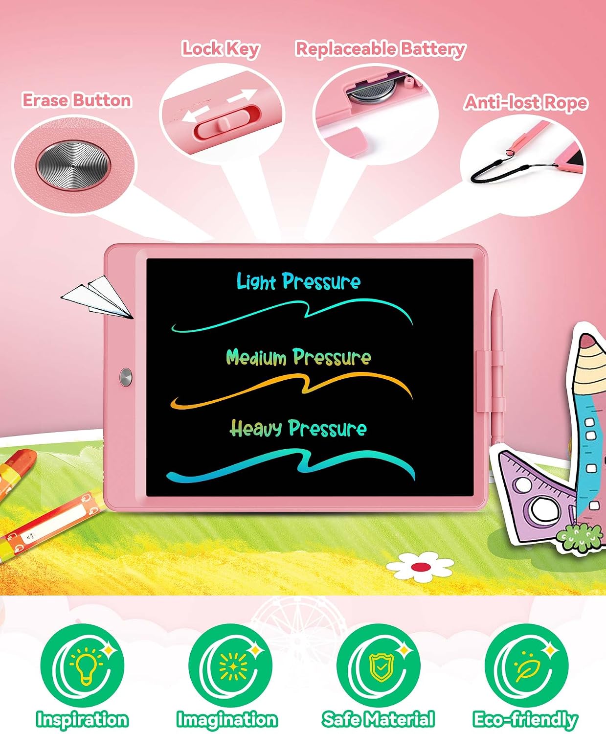 Detalle de KOKODI 10 Inch LCD Writing Tablet with Anti-Lost Stylus — Colorful Doodle Board for Kids