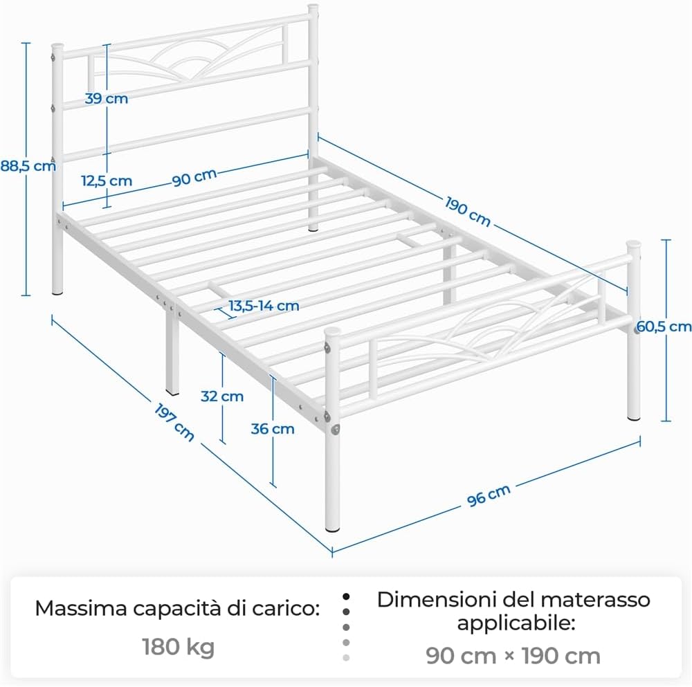 Detalle de Yaheetech Set di 2 Struttura Letto Singolo in Ferro con Spazio Aggiuntivo e Testiera a Nuvole, Bianco 90x190 cm
