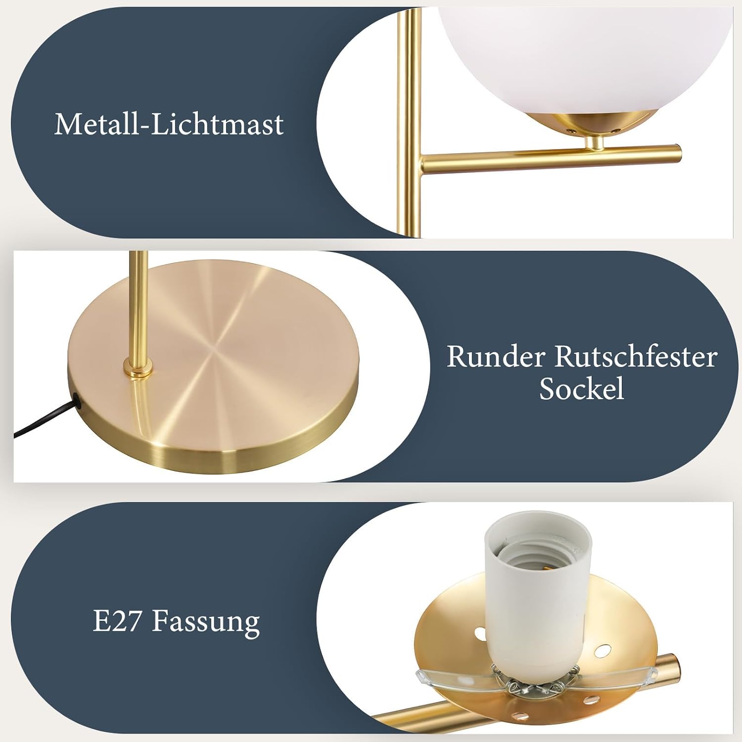 Detalle de ZMH Lampadaire moderne pour salon — 3 ampoules E27, design doré et boule de verre