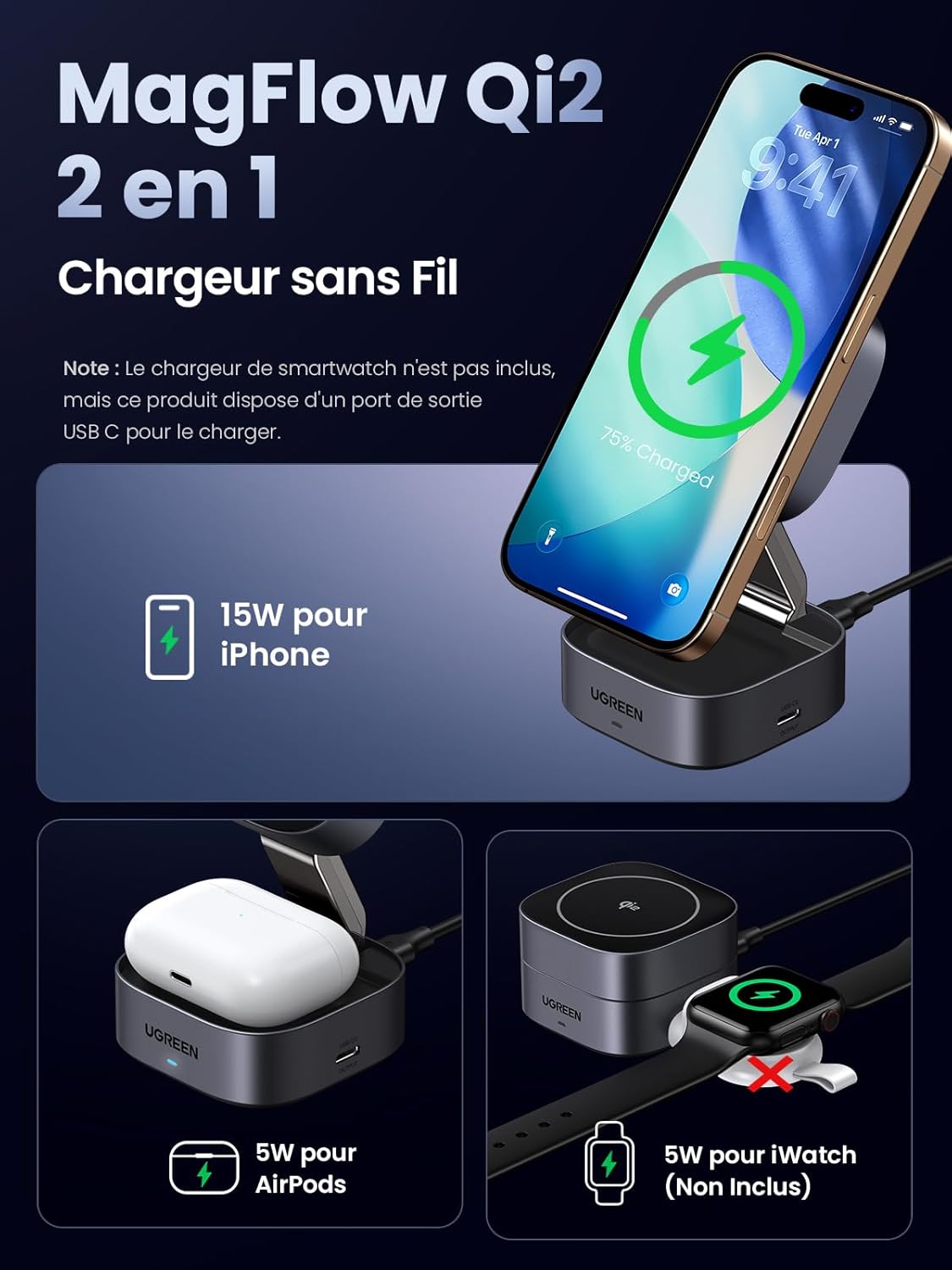Detalle de UGREEN MagFlow Qi2 15W Chargeur Induction 2 en 1 – MagSafe et AirPods, pliable et ajustable