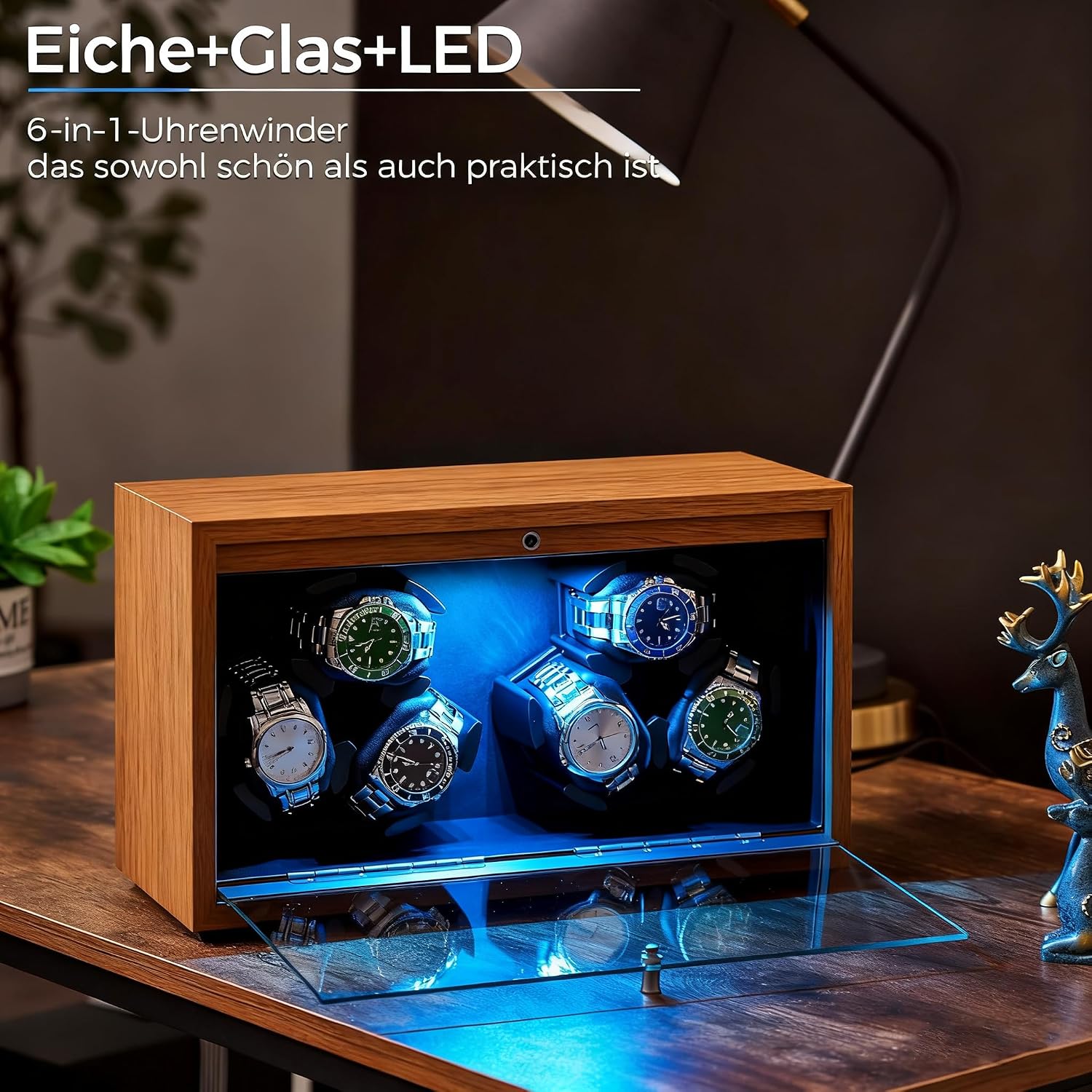 Detalle de ANWBROAD Uhrenbeweger für 6 Uhren – leiser Spinner mit LED-Beleuchtung aus Walnussholz