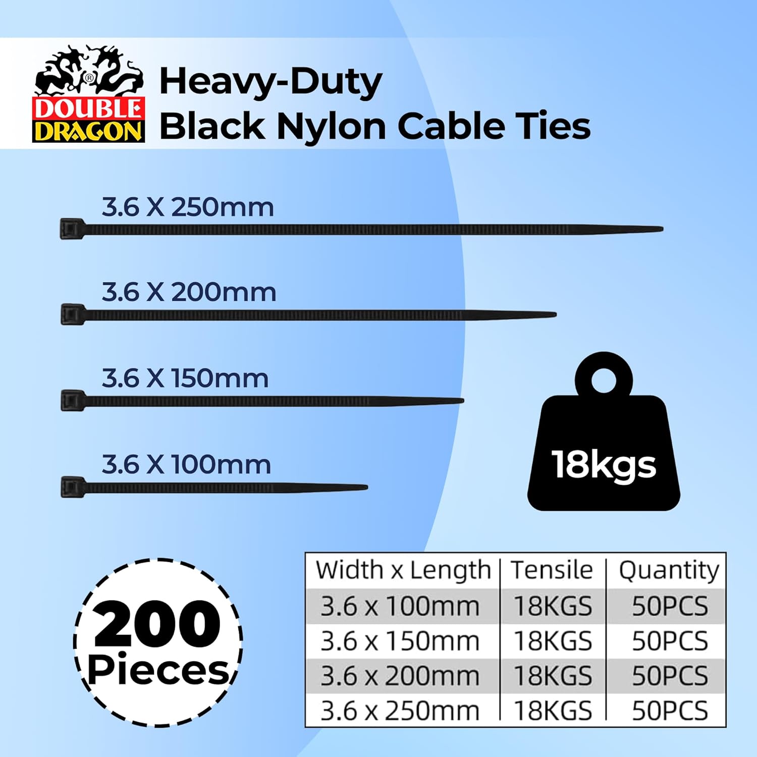 Thumbnail 1 de Double Dragon 3.6mm Nylon Cable Ties (200 Pack) – Heavy‑Duty, UV‑Resistant, 18 kg Tensile Strength
