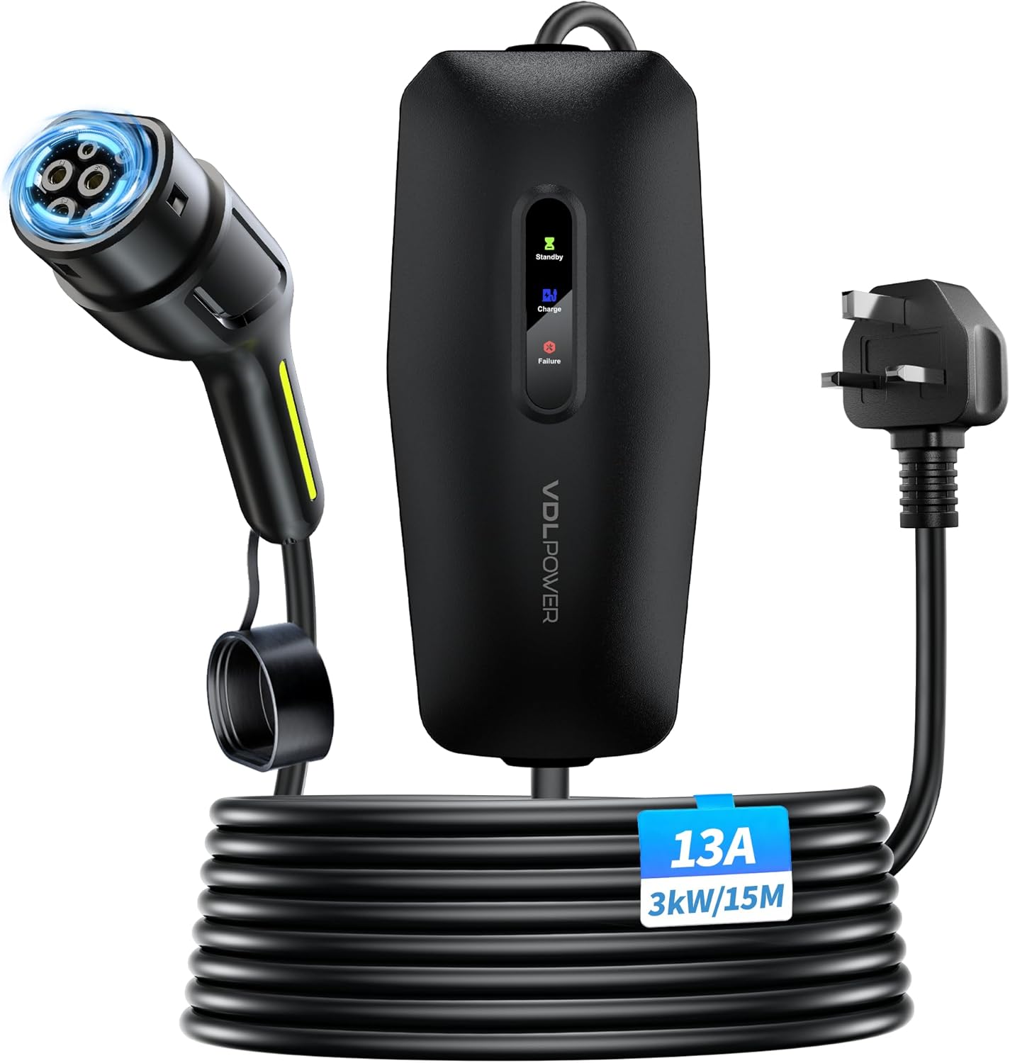 Detalle de VDLPOWERVP EV Charger 3kW Type 2 to 3 Pin Plug — 8m Portable EV Charger for UK