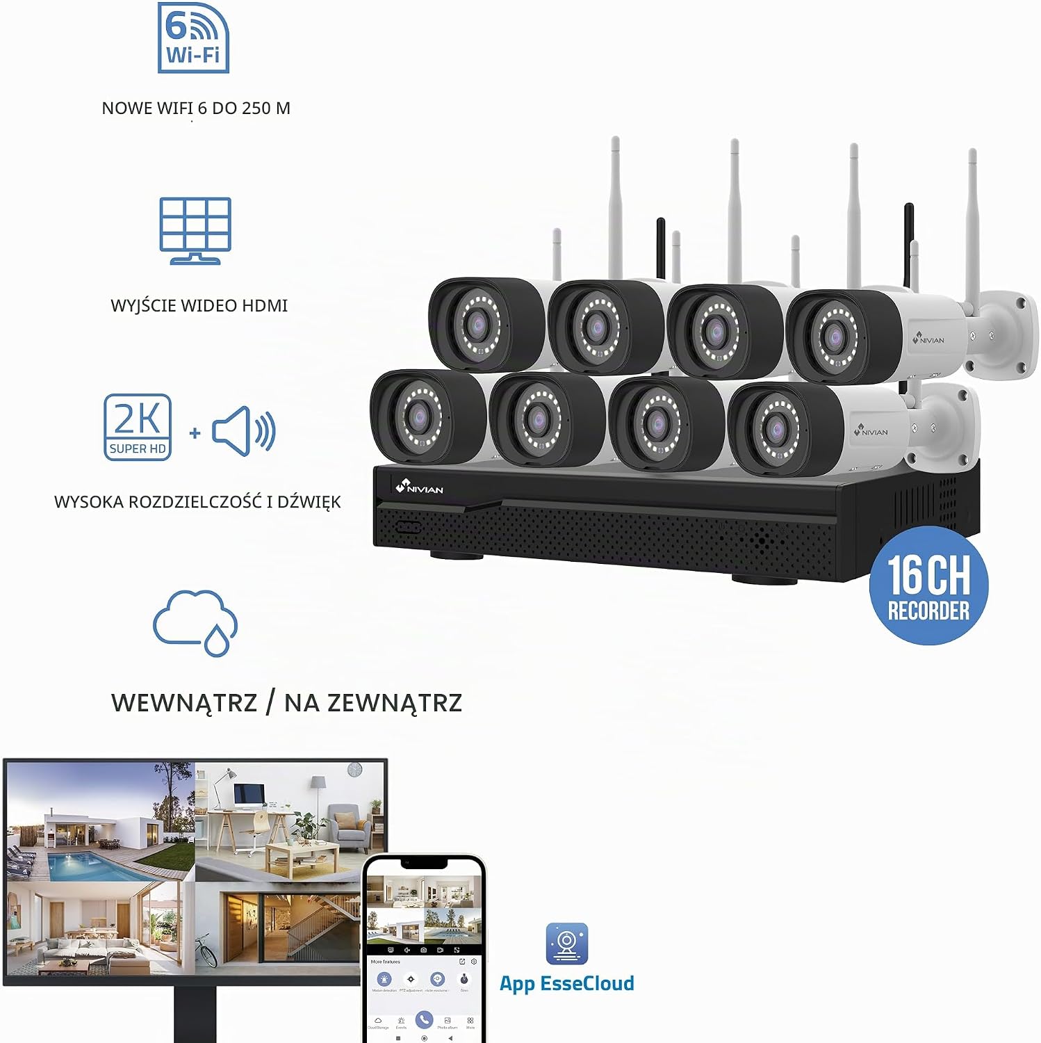 Detalle de NIVIAN NV-KIT830W-8CAM – zestaw monitoringu WiFi 2K, 8 kamer i rejestrator 16-kanałowy