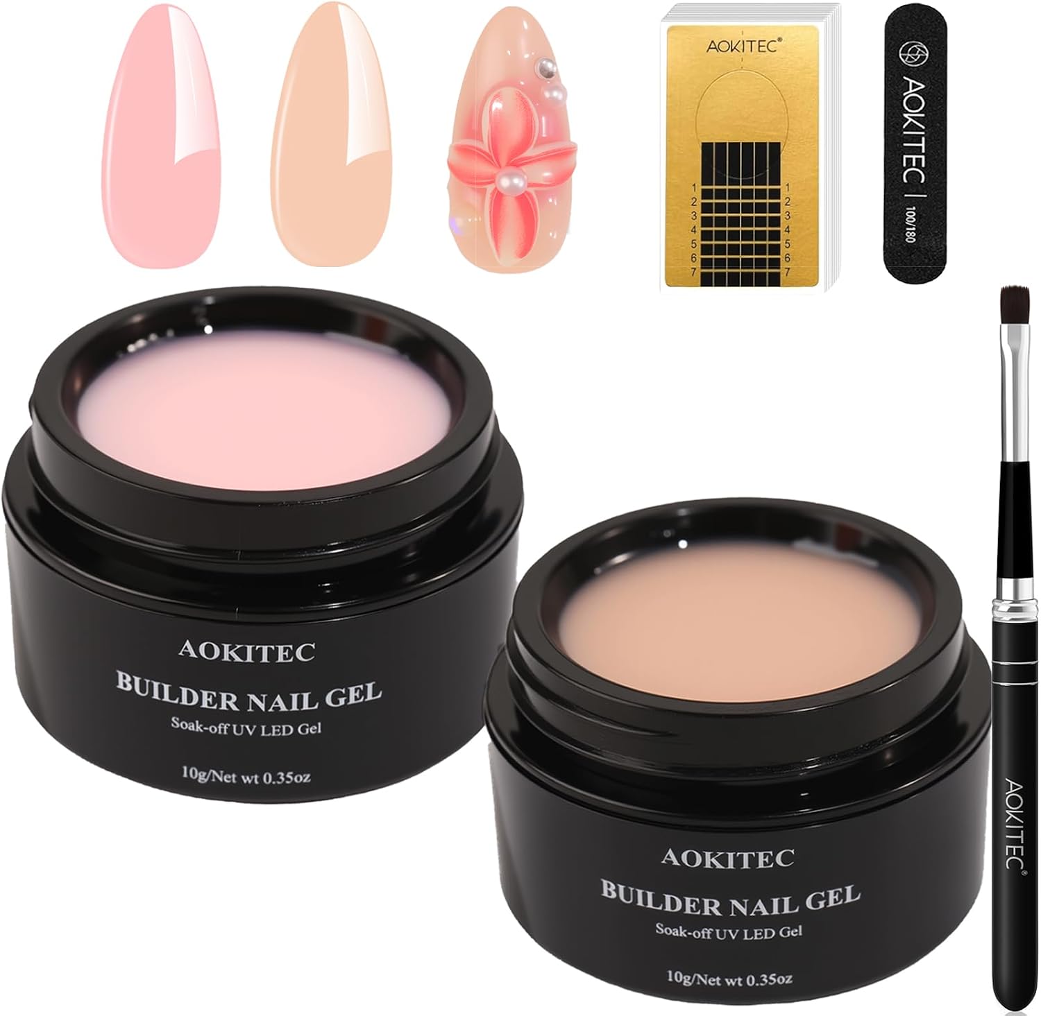 Detalle de Aokitec Pink Nude Builder Hard Gel Kit met nagelvormen en penseel