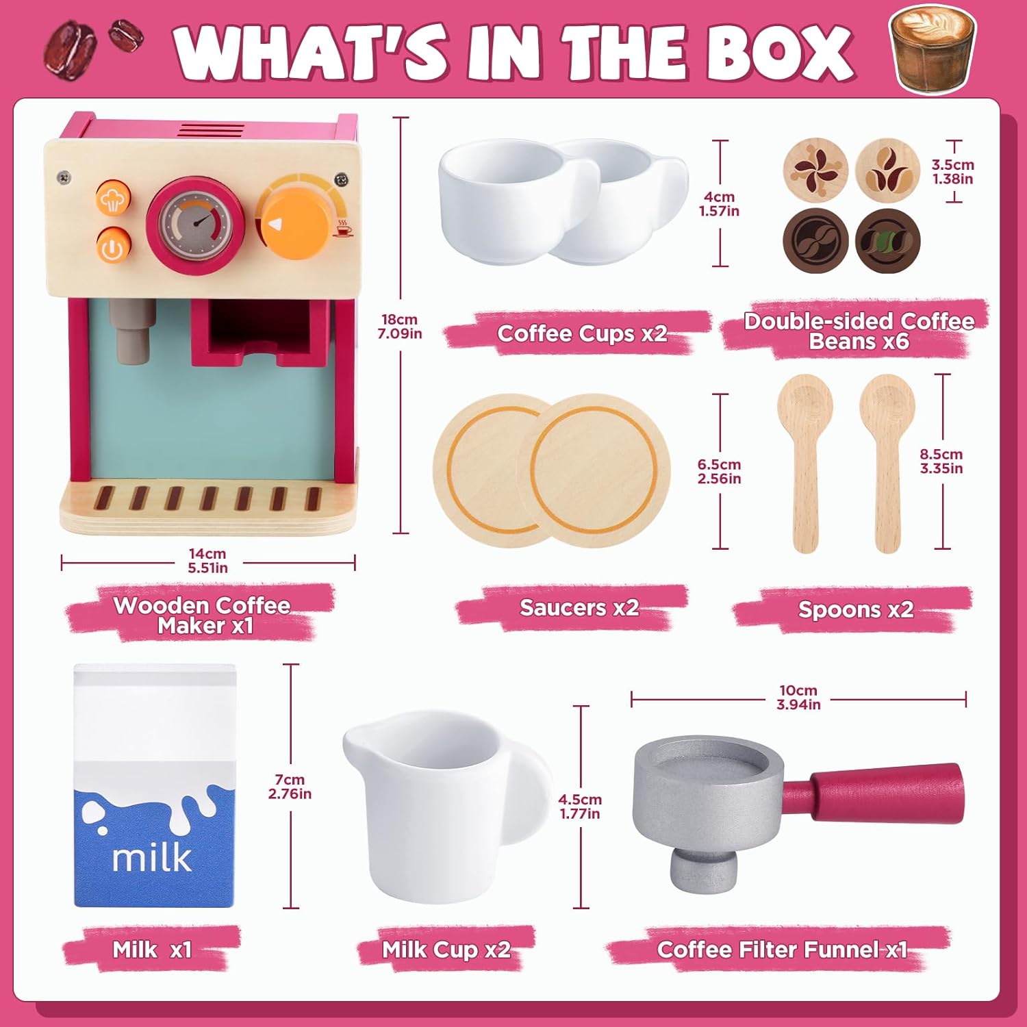 Detalle de GAGAKU Macchina da caffè per bambini in legno, gioco Montessori per bambini da 3 anni con brocca per latte e accessori