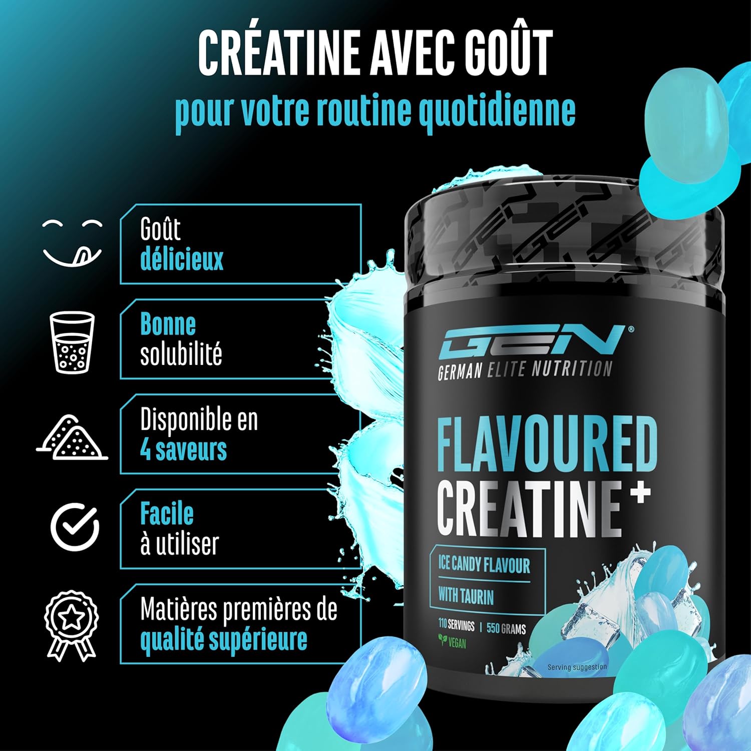 Thumbnail 2 de Flavoured Creatine poudre – 550 g, créatine monohydrate + L-taurine, aromatisée Ice Candy