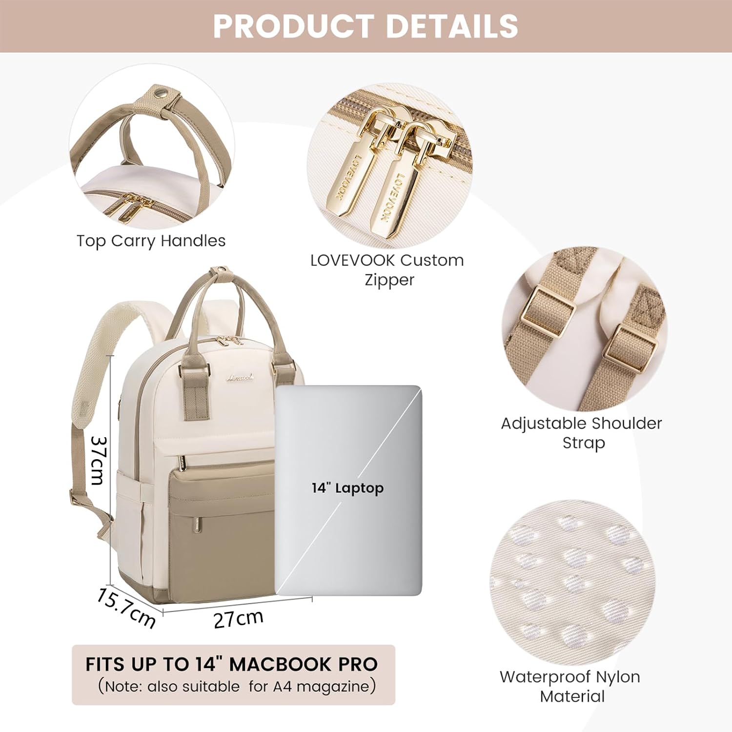 Detalle 2 de LOVEVOOK Damen Rucksack Mittelgroß – 14 Zoll, wasserdicht, Khaki Beige