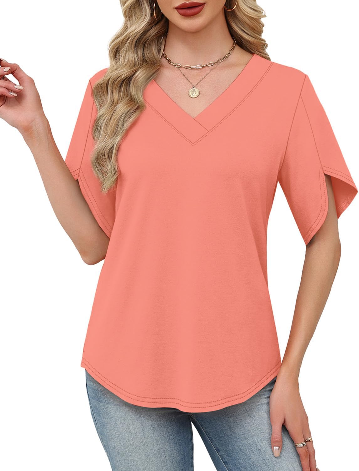 Detalle de WIHOLL Women’s V-Neck Split Petal Sleeve Summer Top
