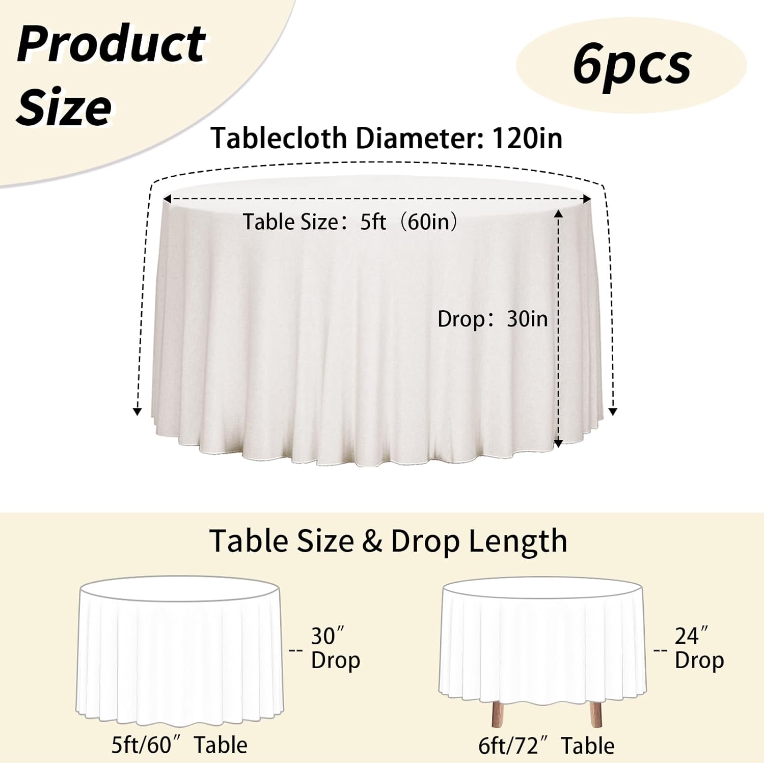 Detalle de Fixwal 6 Pack Ivory 120 Inch Round Tablecloths