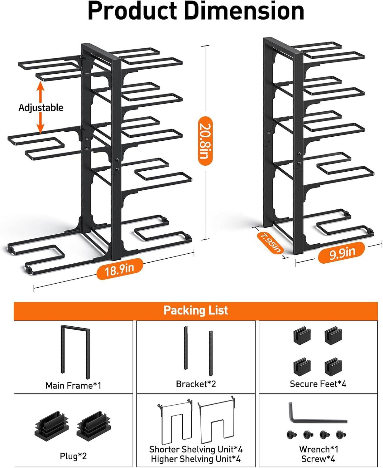 Thumbnail 2 de ORDORA Pots and Pans Organizer: Under Cabinet, 8-Tier Heavy-Duty Rack (20.8" Height) for Large Stockpots and Cast-Iron