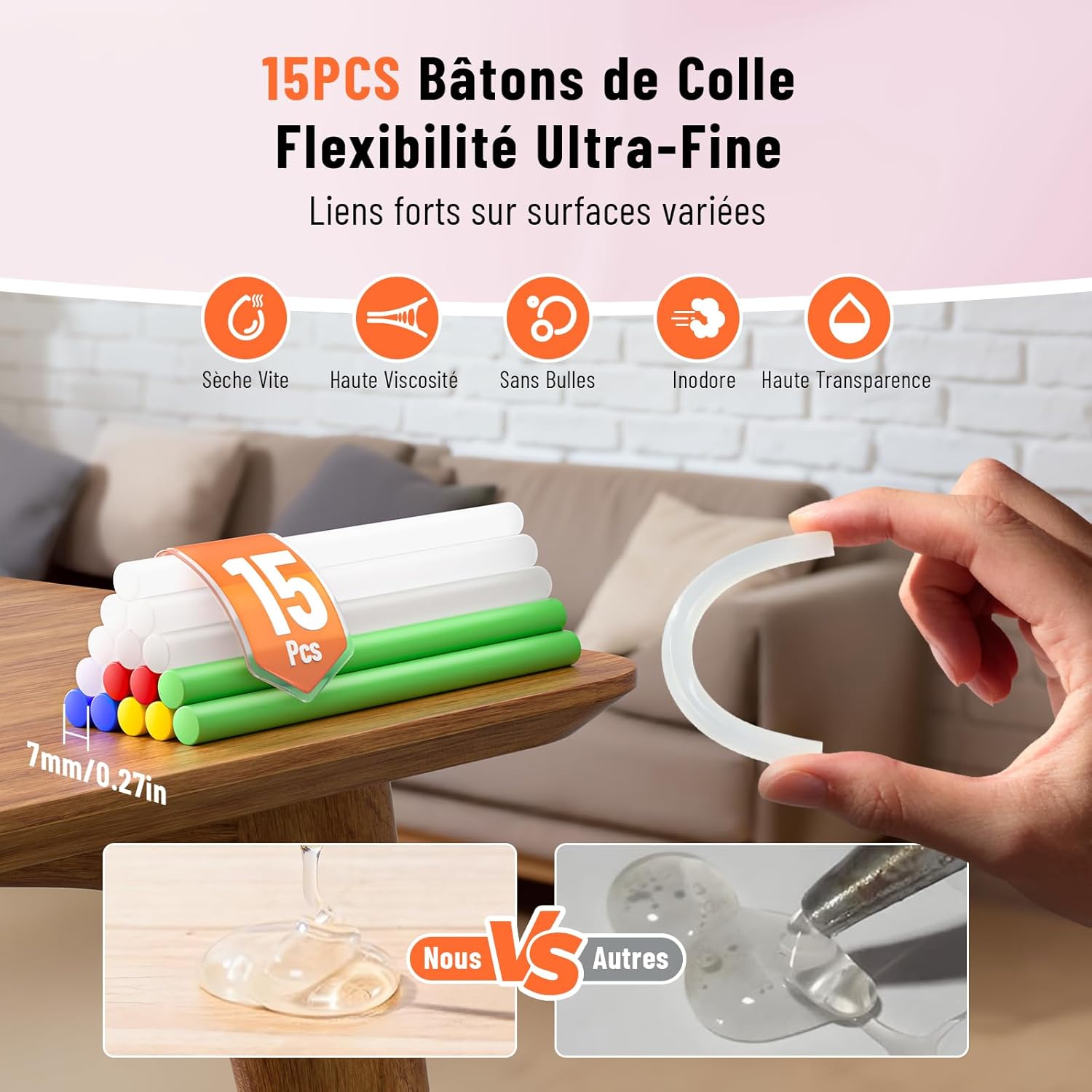 Thumbnail 1 de Pistolet à colle sans fil Katerk — 2000 mAh, chauffe rapide 90 s, 15x7 mm, rose